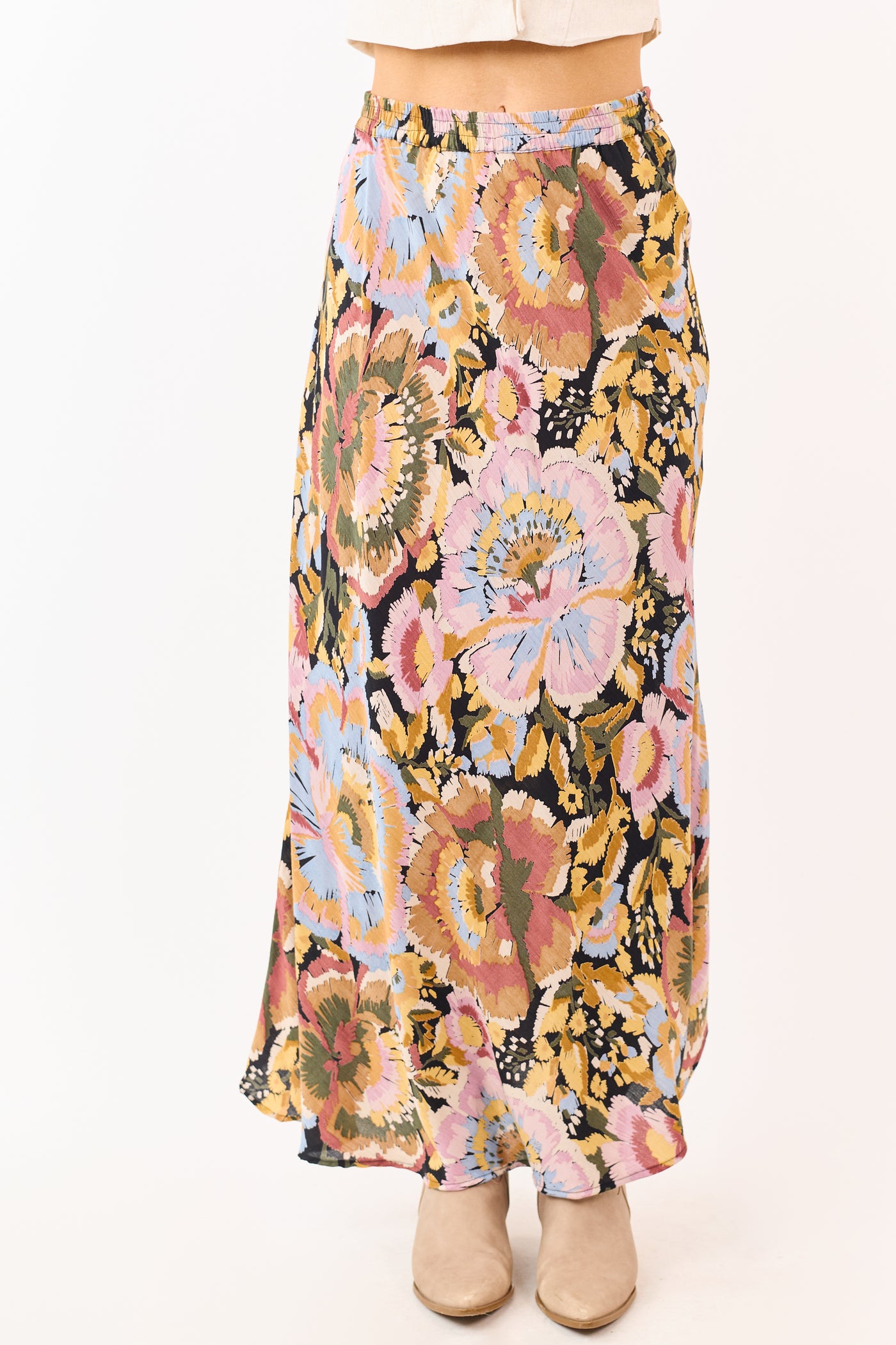 Mauve Floral Print Elastic Waist Flowy Maxi Skirt