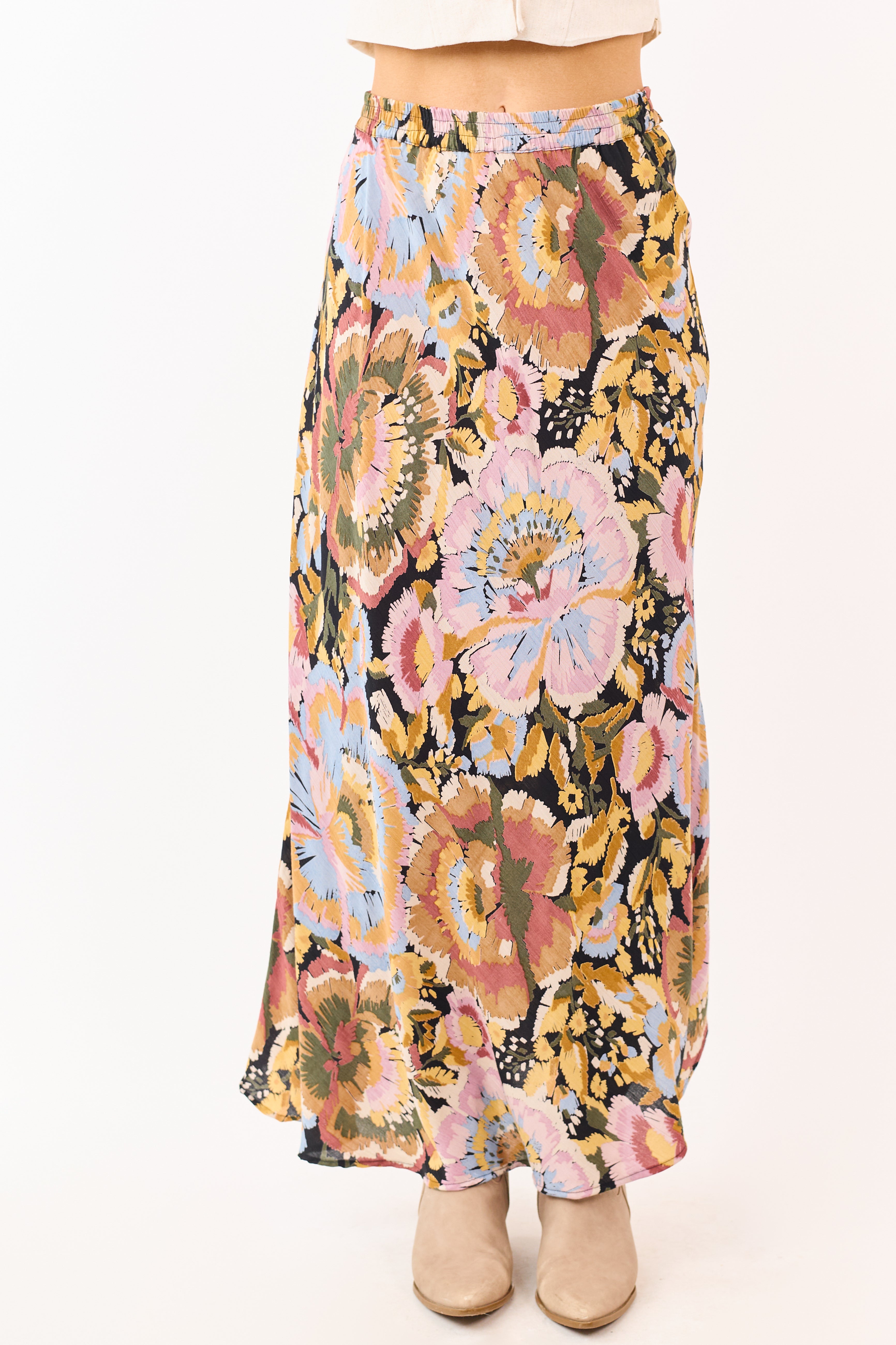 Mauve Floral Print Elastic Waist Flowy Maxi Skirt