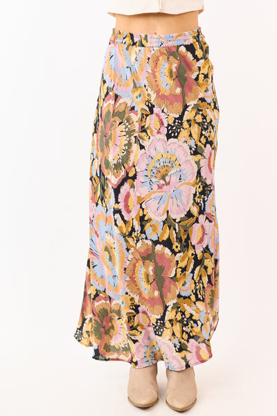 Mauve Floral Print Elastic Waist Flowy Maxi Skirt
