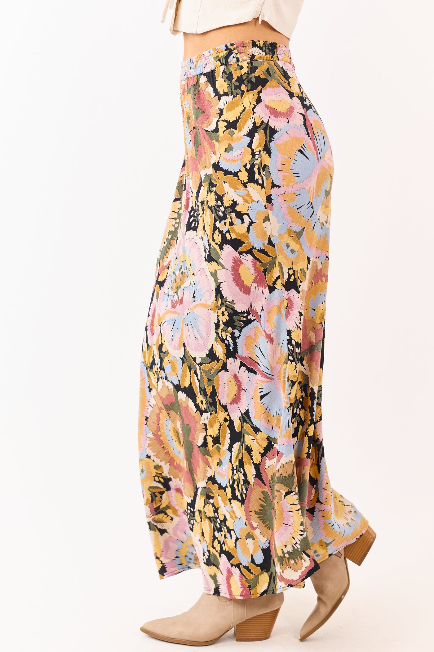 Mauve Floral Print Elastic Waist Flowy Maxi Skirt