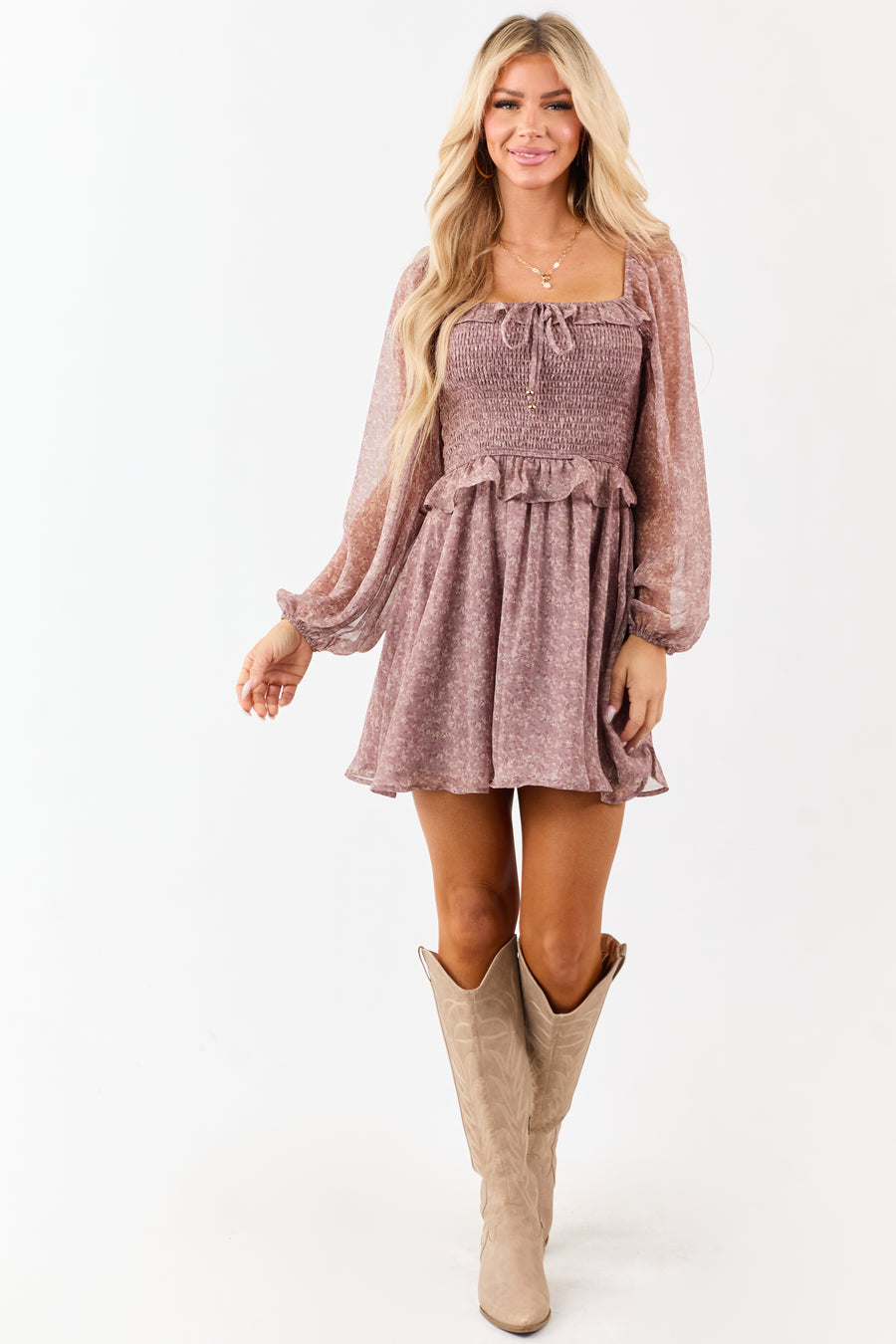 Mauve Floral Print Smocked Bodice Flowy Mini Dress