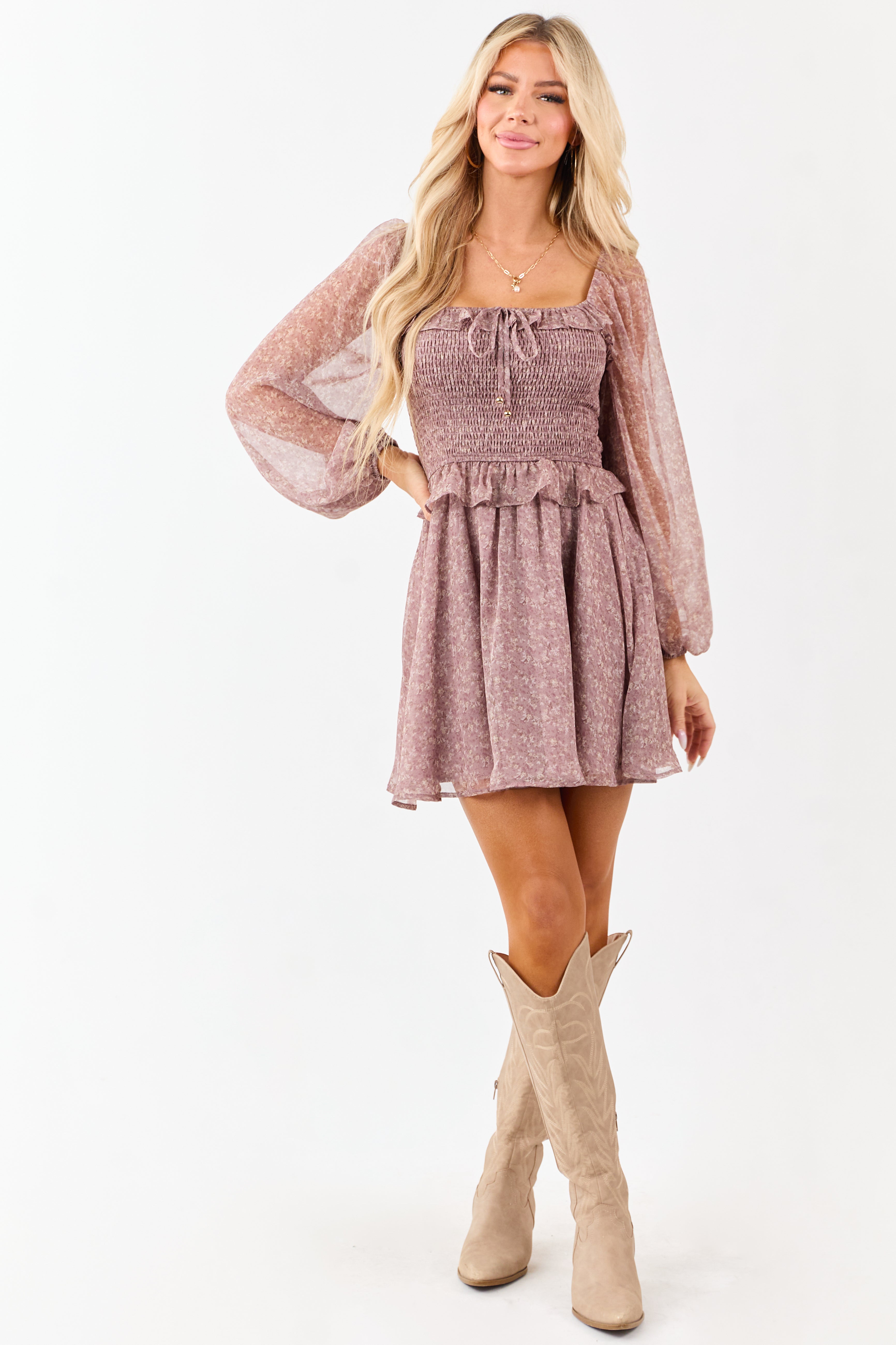 Mauve Floral Print Smocked Bodice Flowy Mini Dress