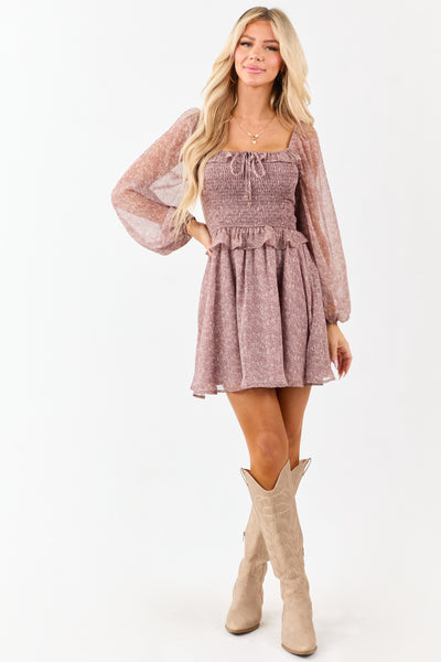 Mauve Floral Print Smocked Bodice Flowy Mini Dress