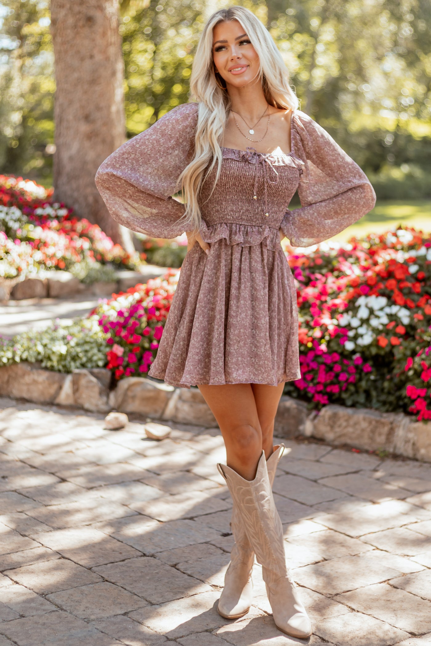 Mauve Floral Print Smocked Bodice Flowy Mini Dress