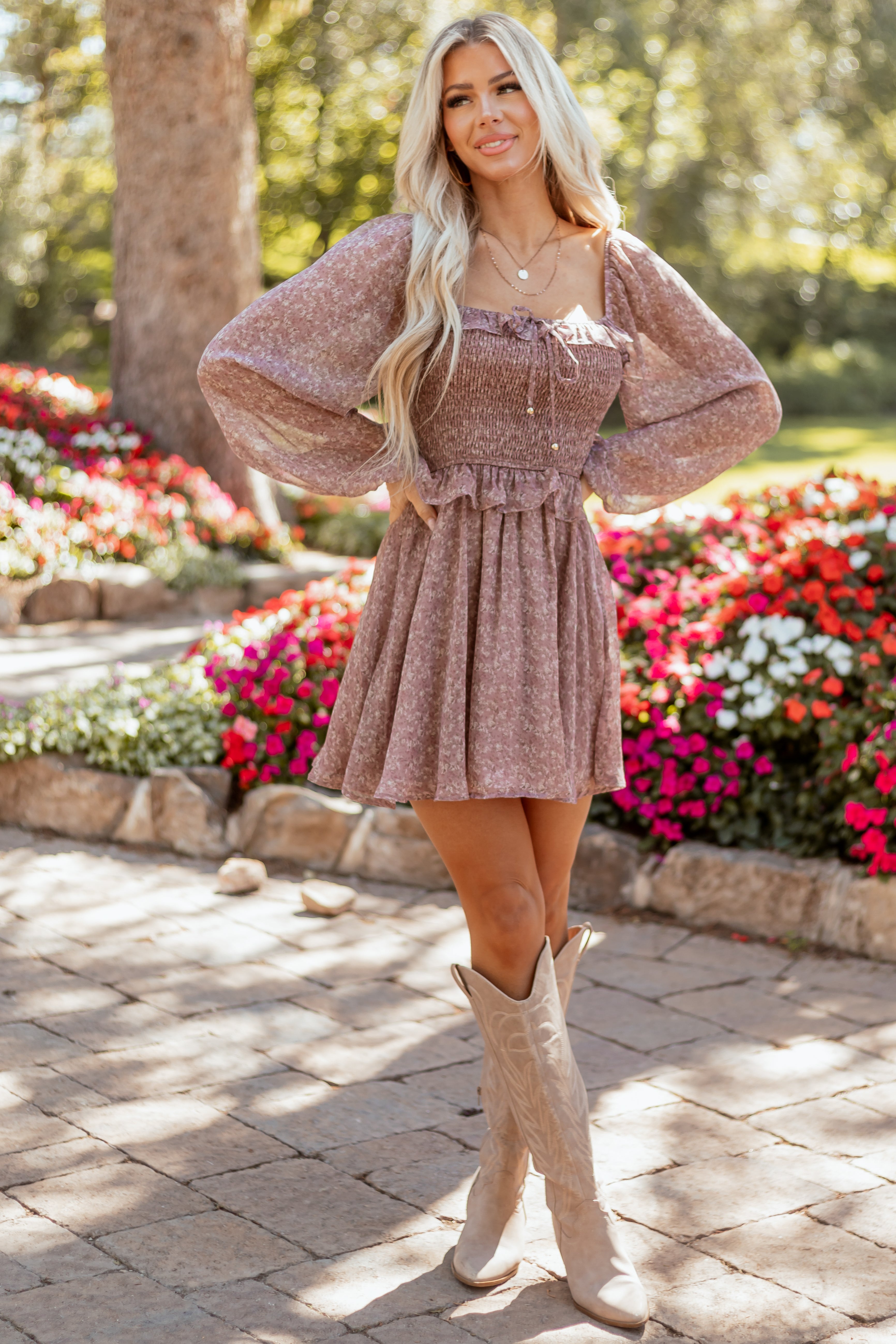 Mauve Floral Print Smocked Bodice Flowy Mini Dress