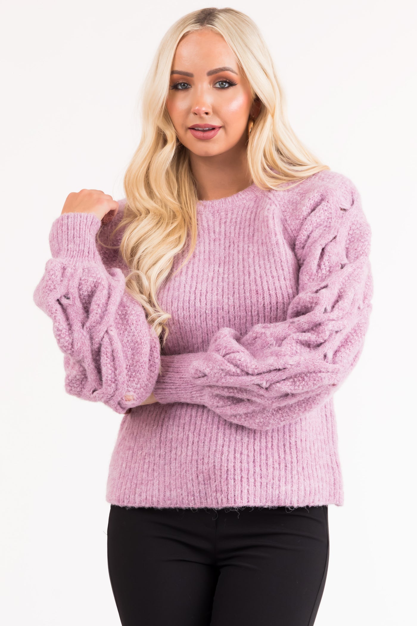 Mauve Fuzzy Bubble Sleeve Ribbed Knit Sweater