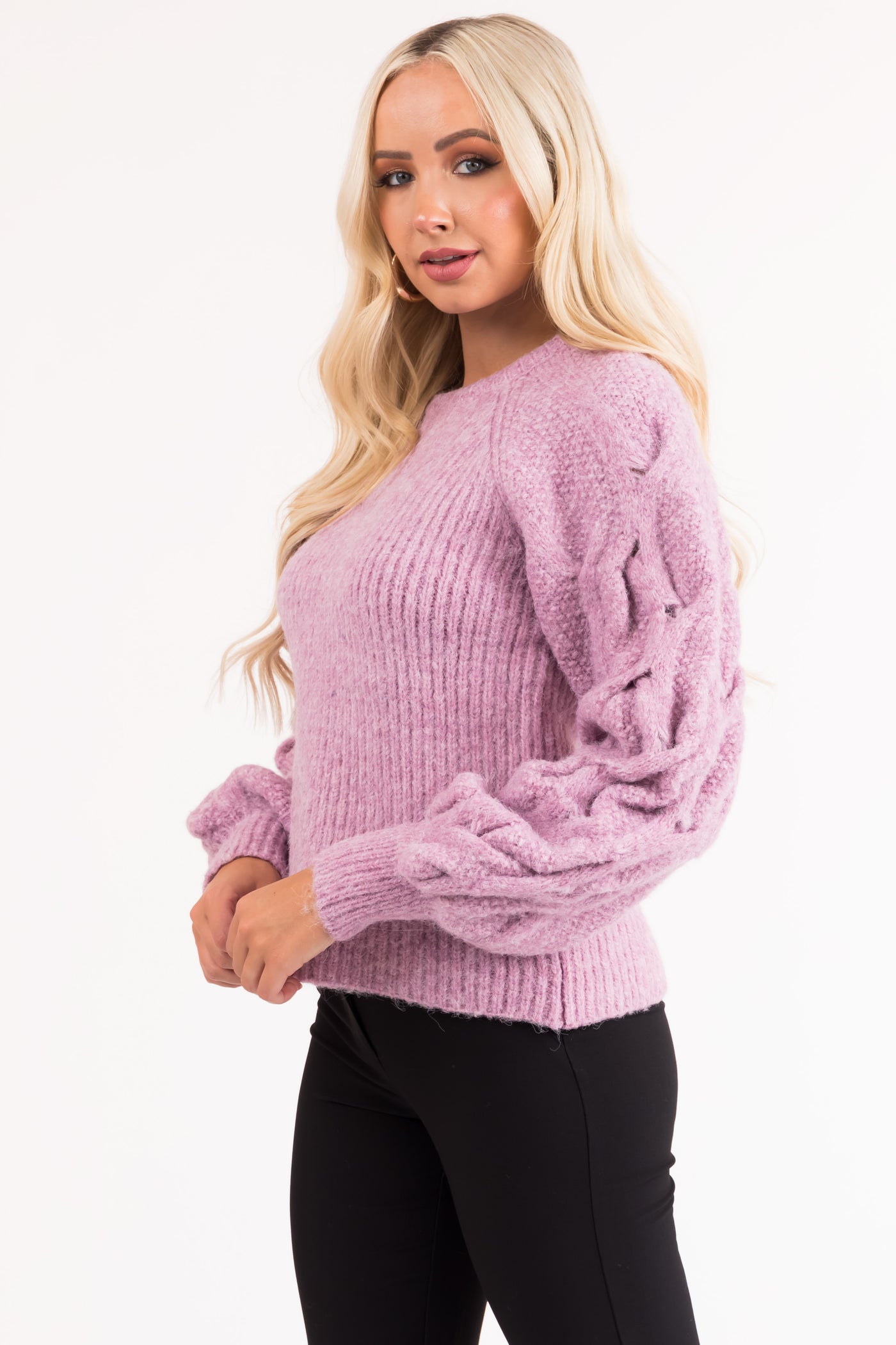 Mauve Fuzzy Bubble Sleeve Ribbed Knit Sweater