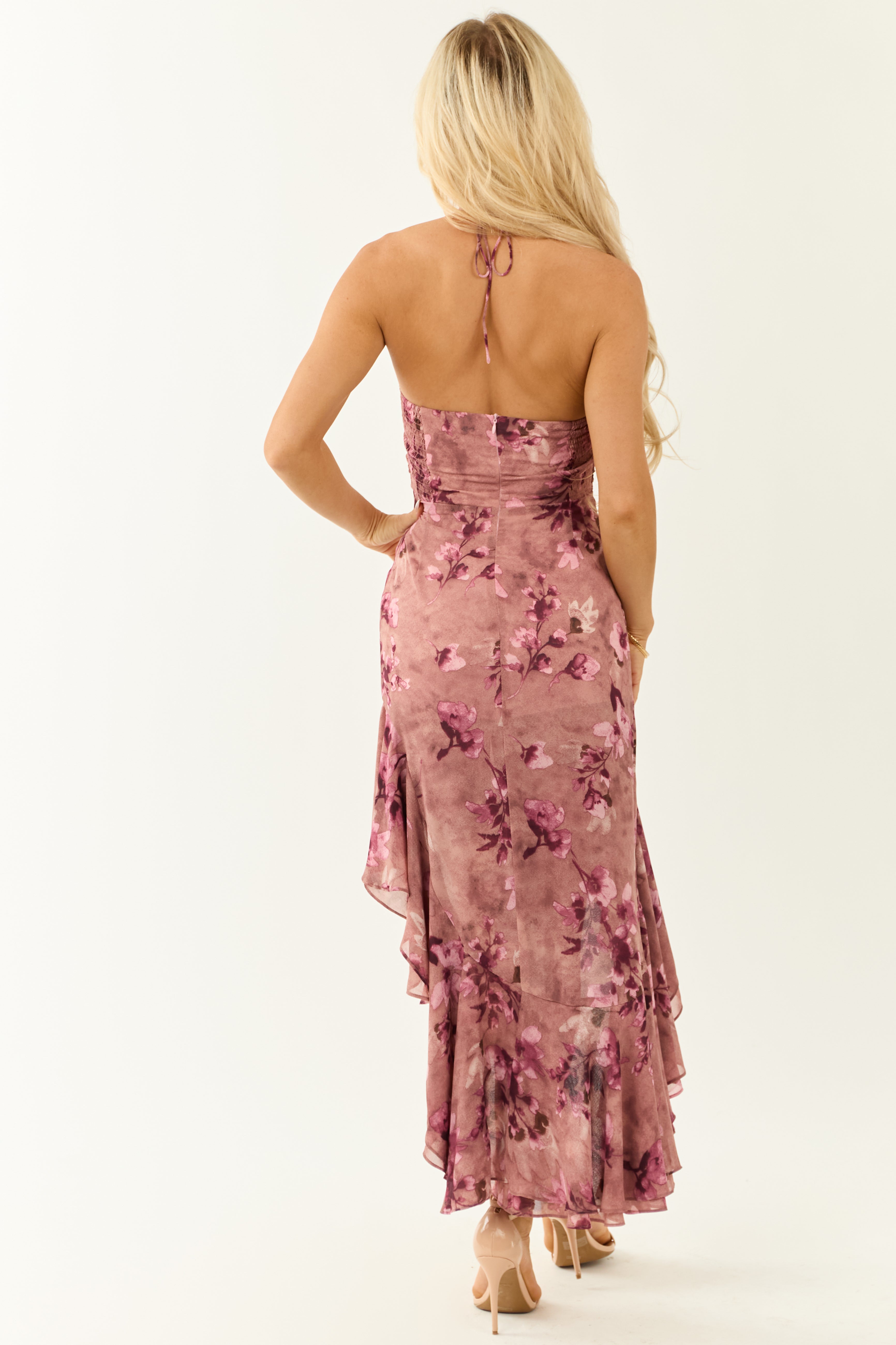 Mauve Halter Neck Asymmetrical Ruffle Hem Midi Dress