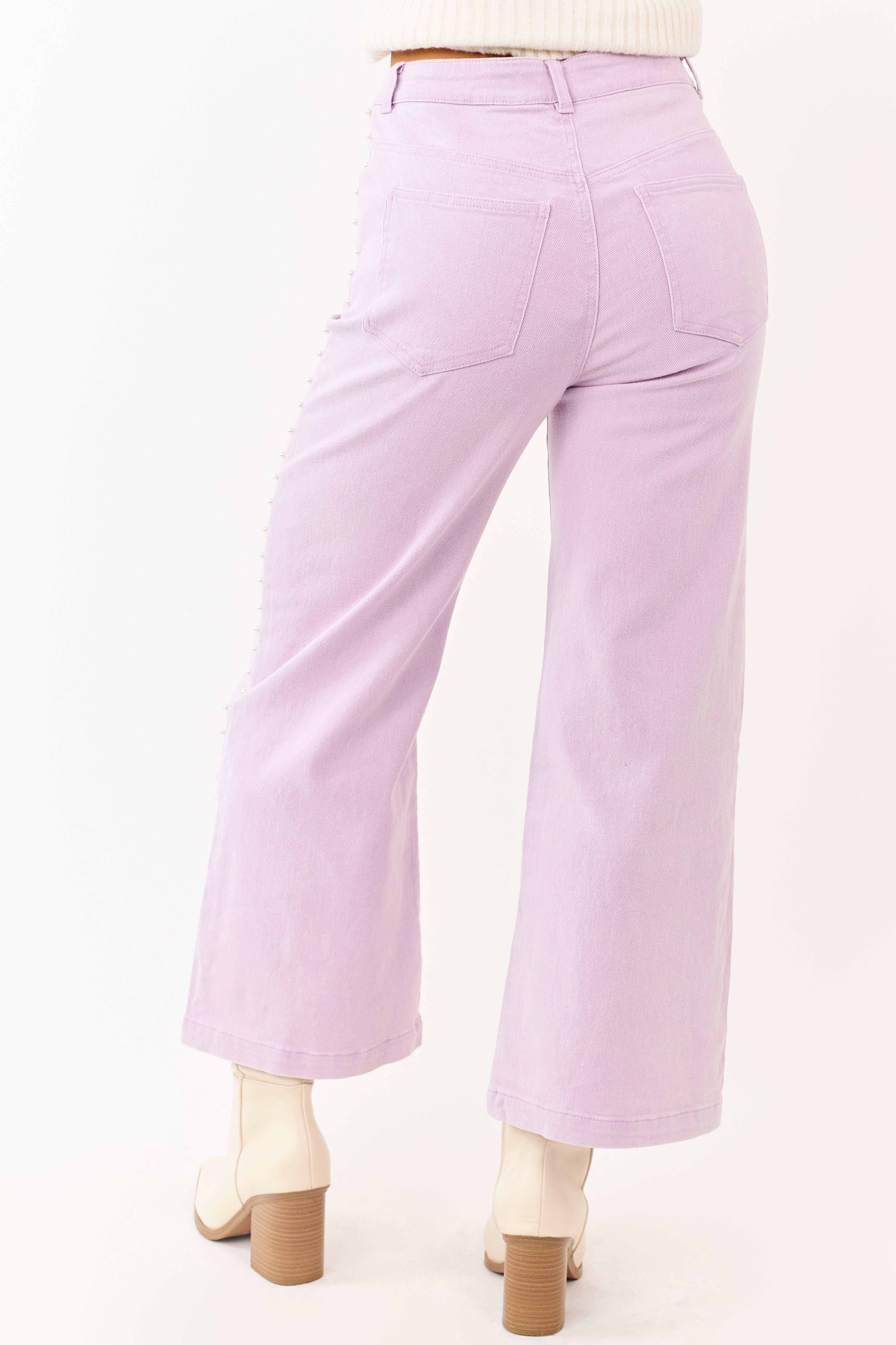 Mauve High Rise Pearl Embellished Wide Leg Jeans