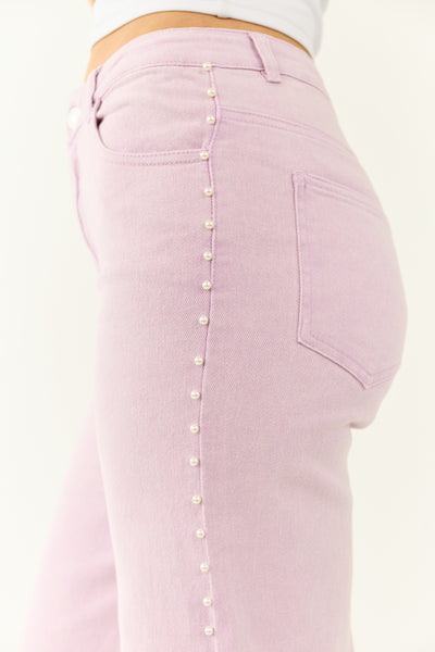 Mauve High Rise Pearl Embellished Wide Leg Jeans