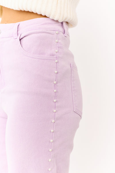 Mauve High Rise Pearl Embellished Wide Leg Jeans