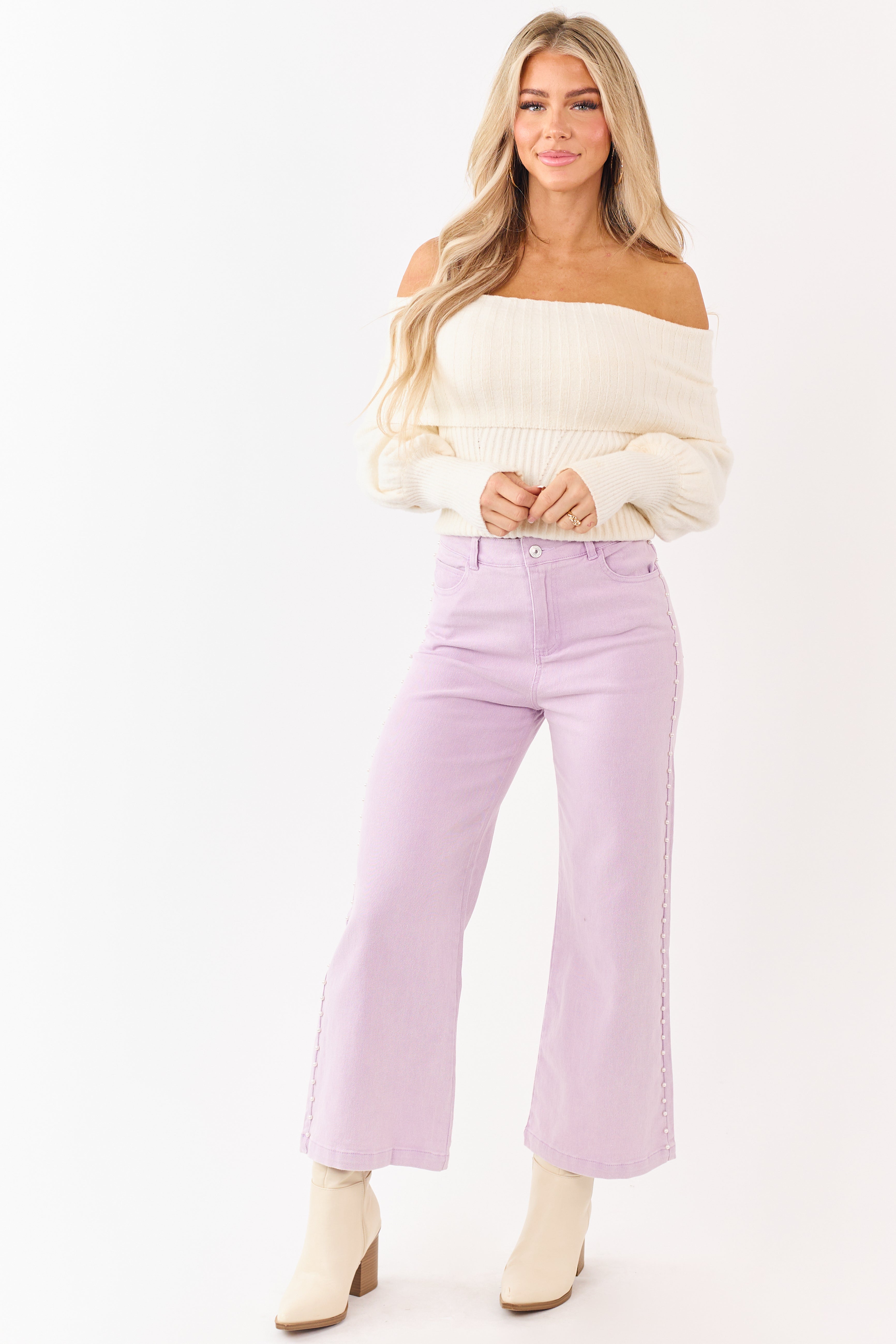 Mauve High Rise Pearl Embellished Wide Leg Jeans