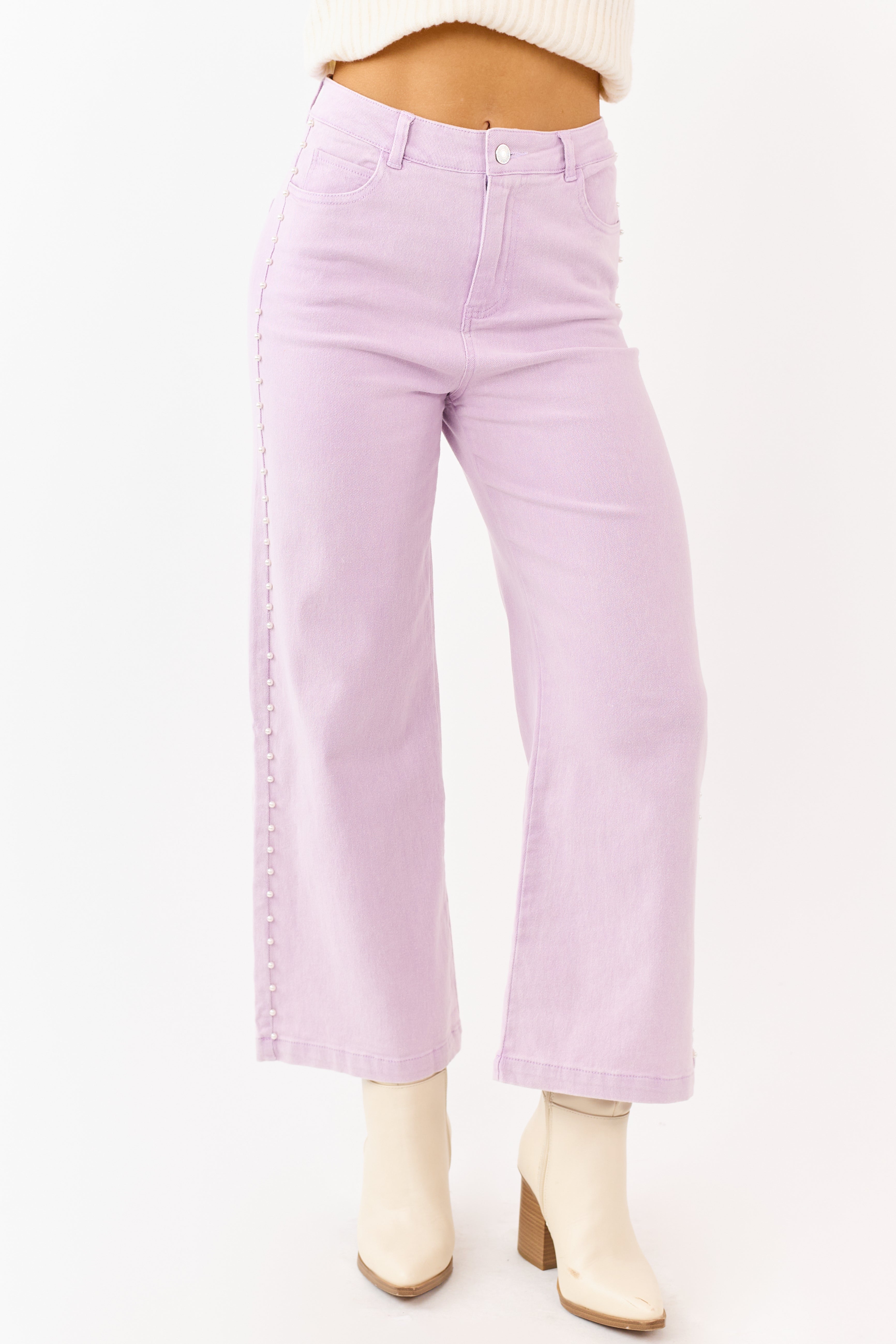 Mauve High Rise Pearl Embellished Wide Leg Jeans