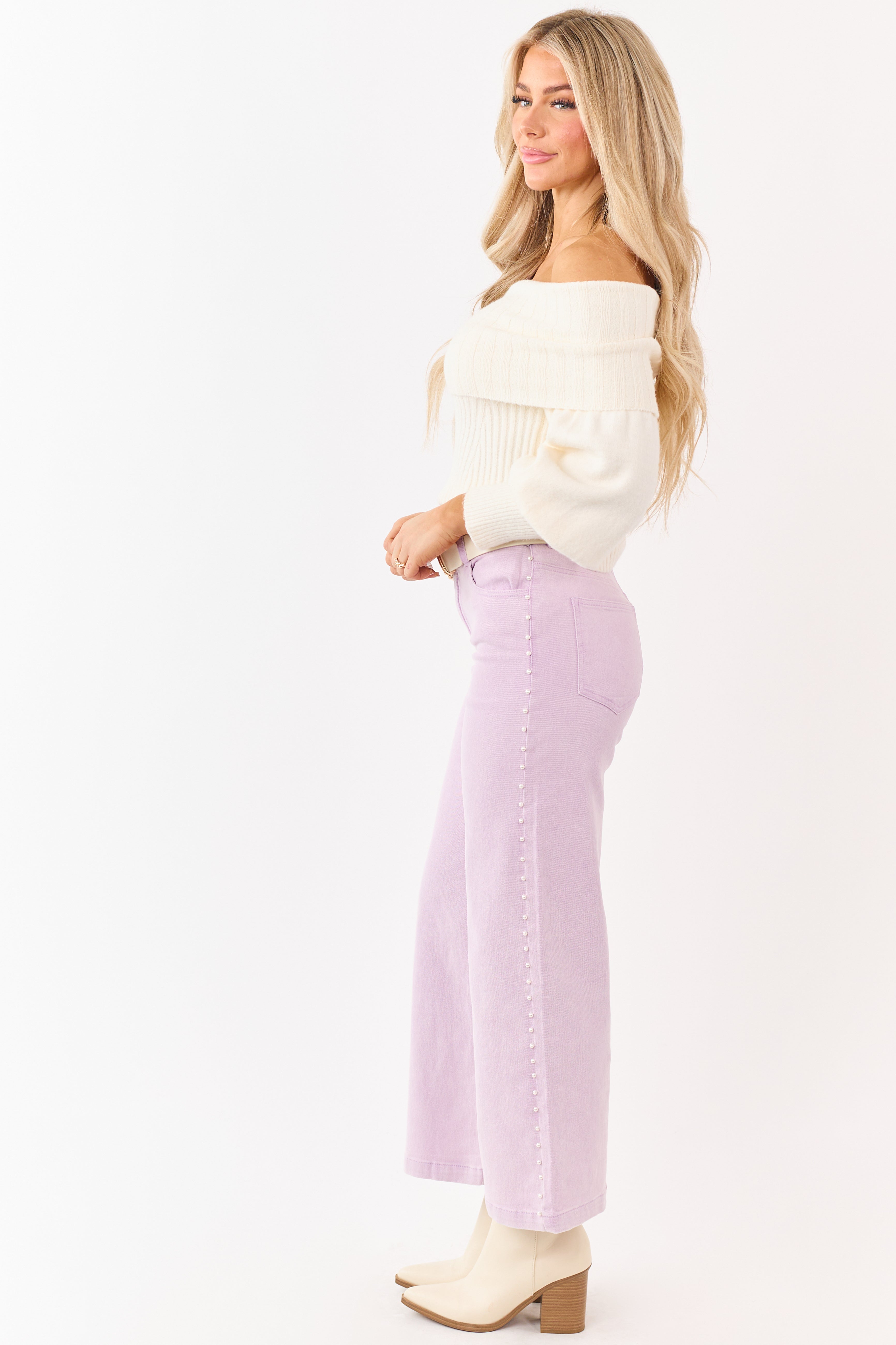 Mauve High Rise Pearl Embellished Wide Leg Jeans