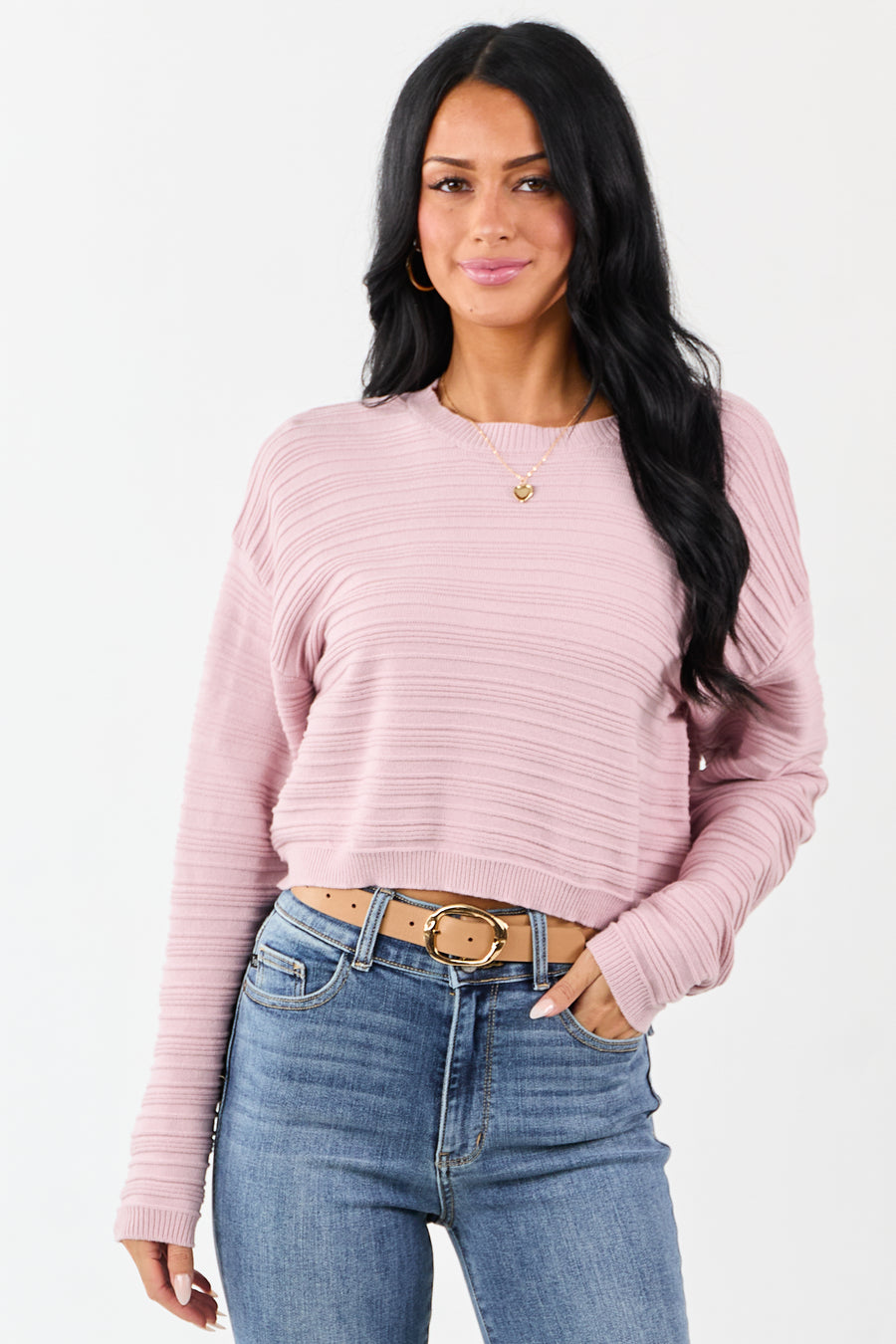 Mauve Long Sleeve Textured Knit Cropped Sweater