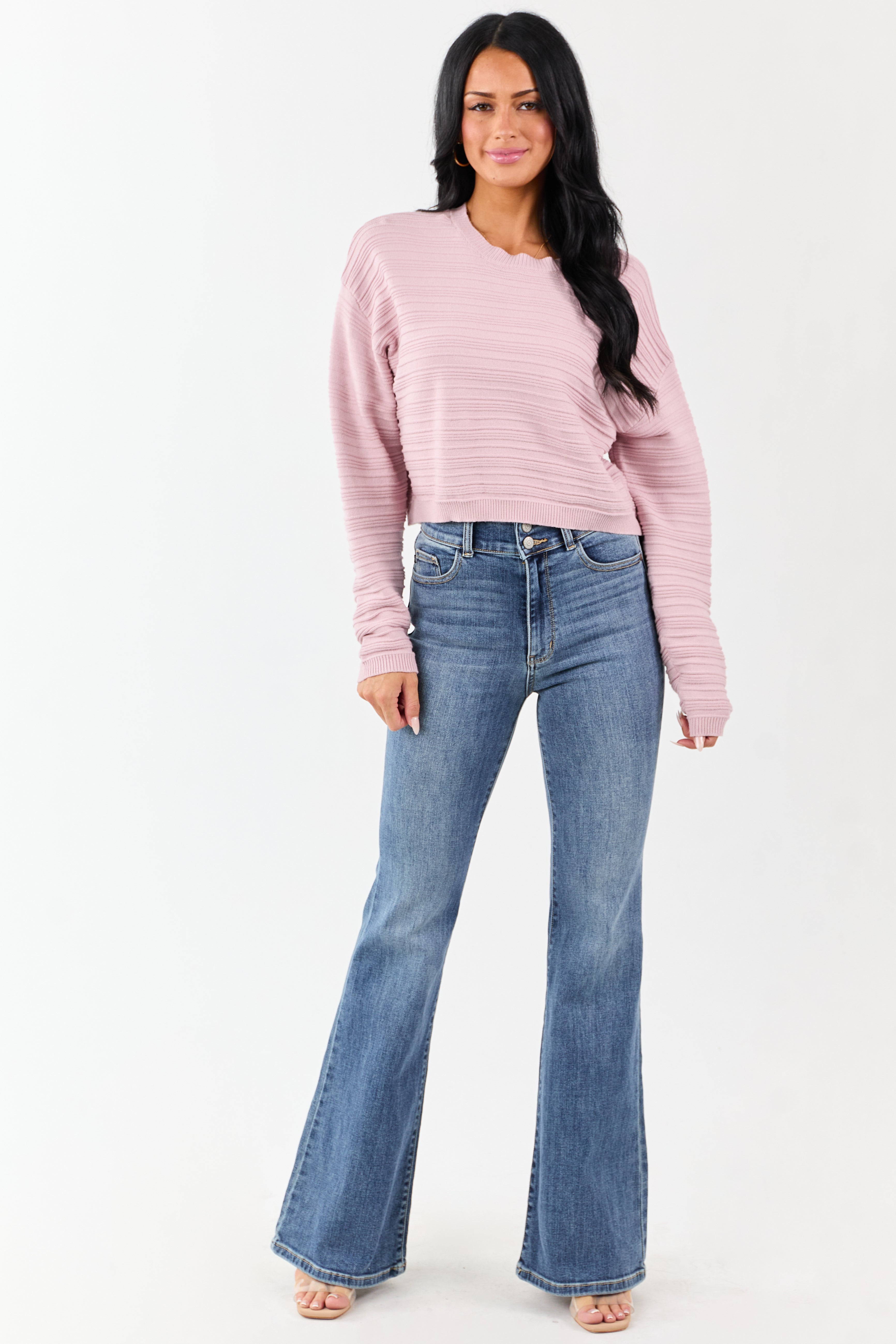 Mauve Long Sleeve Textured Knit Cropped Sweater