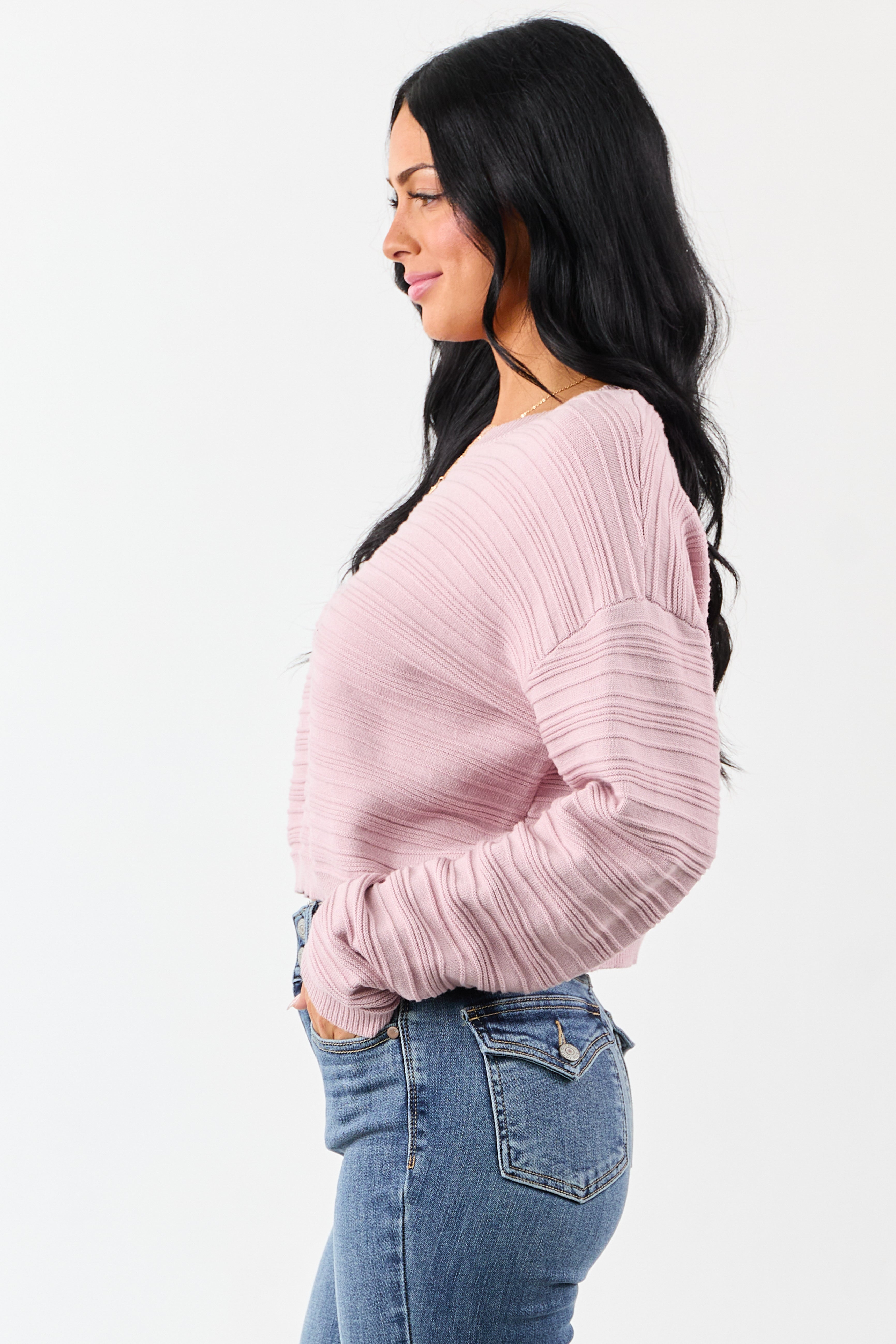 Mauve Long Sleeve Textured Knit Cropped Sweater