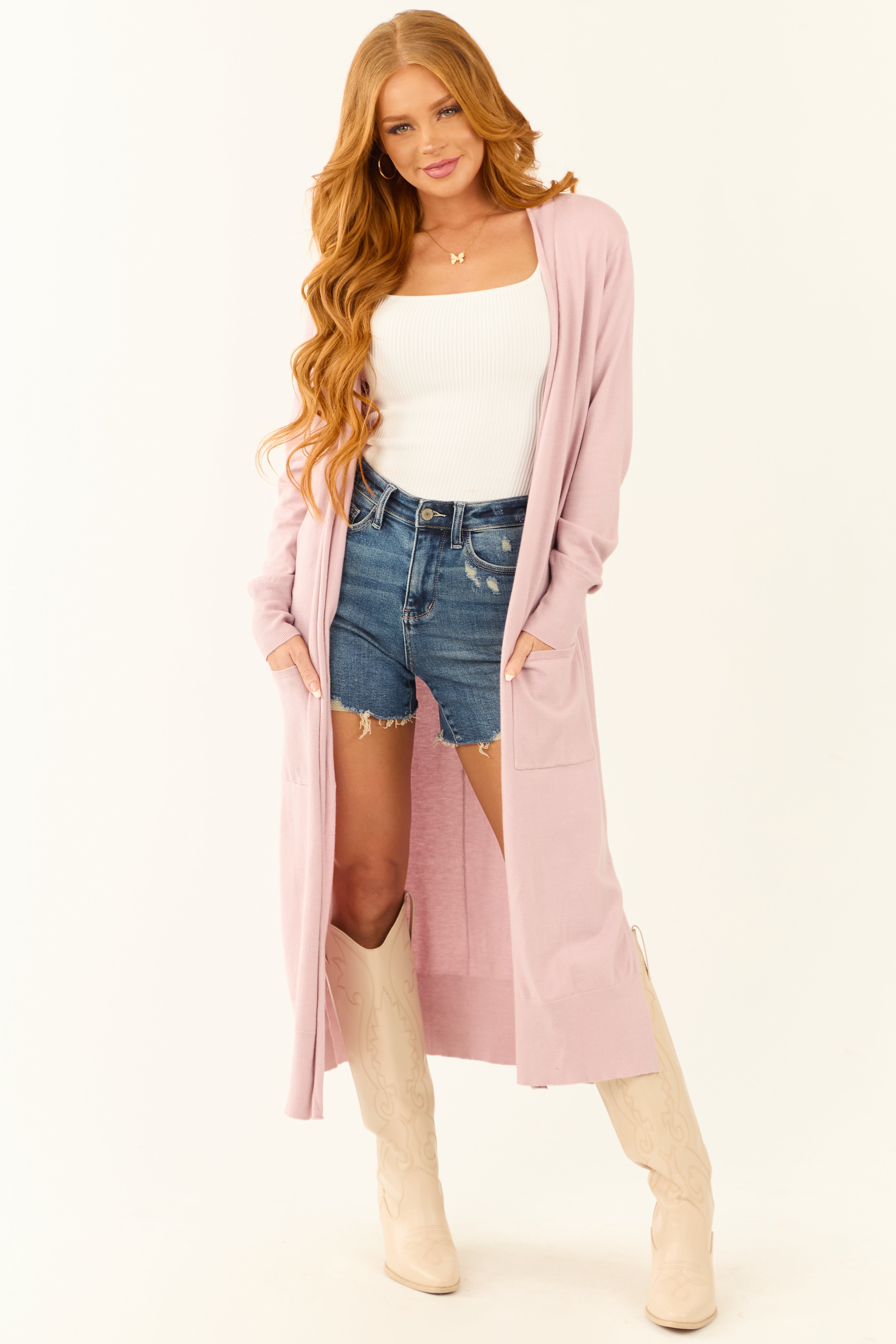 Mauve Open Front A-Line Long Sleeve Duster Cardigan | Lime Lush