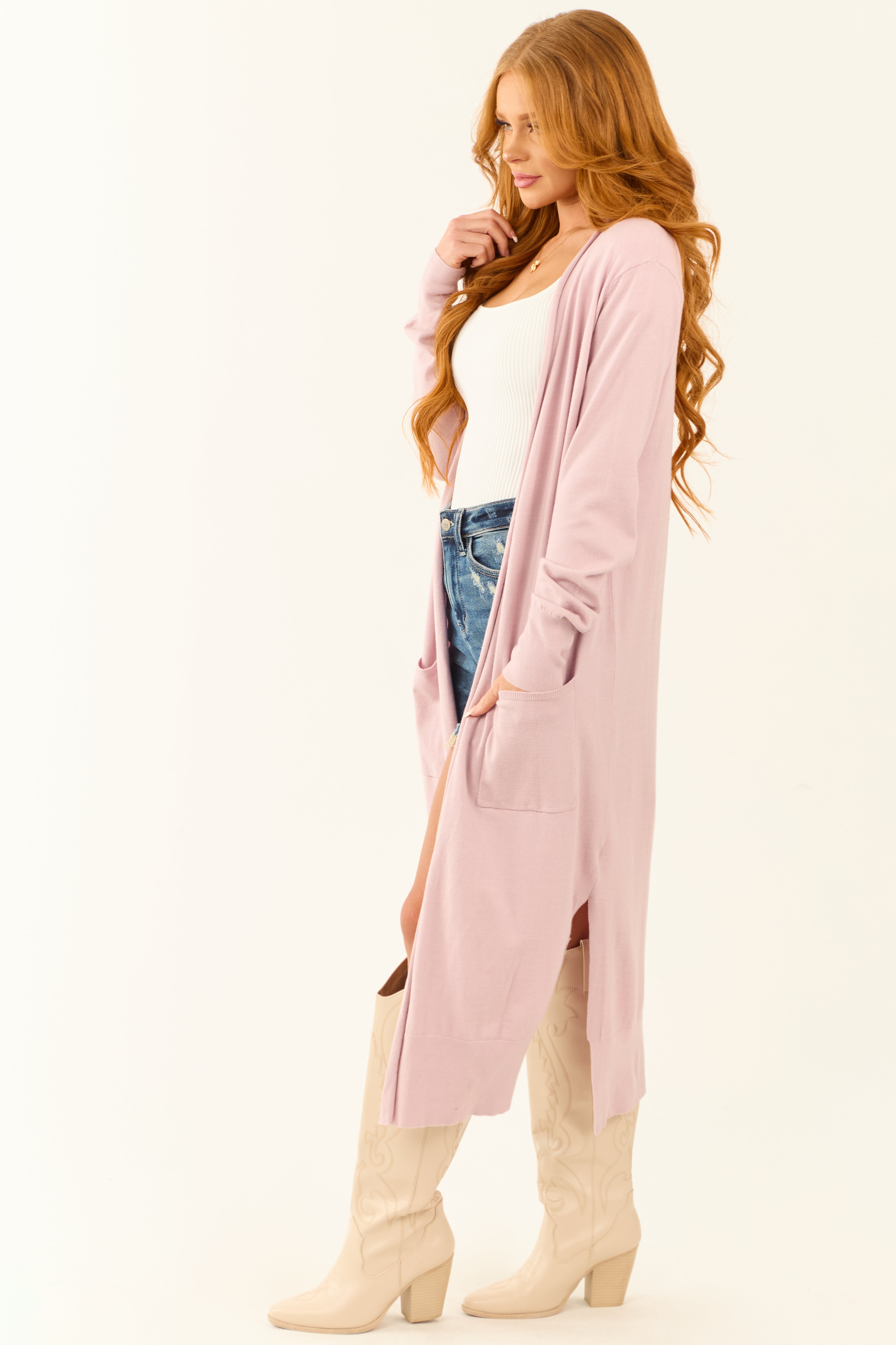 Mauve Open Front A-Line Long Sleeve Duster Cardigan | Lime Lush