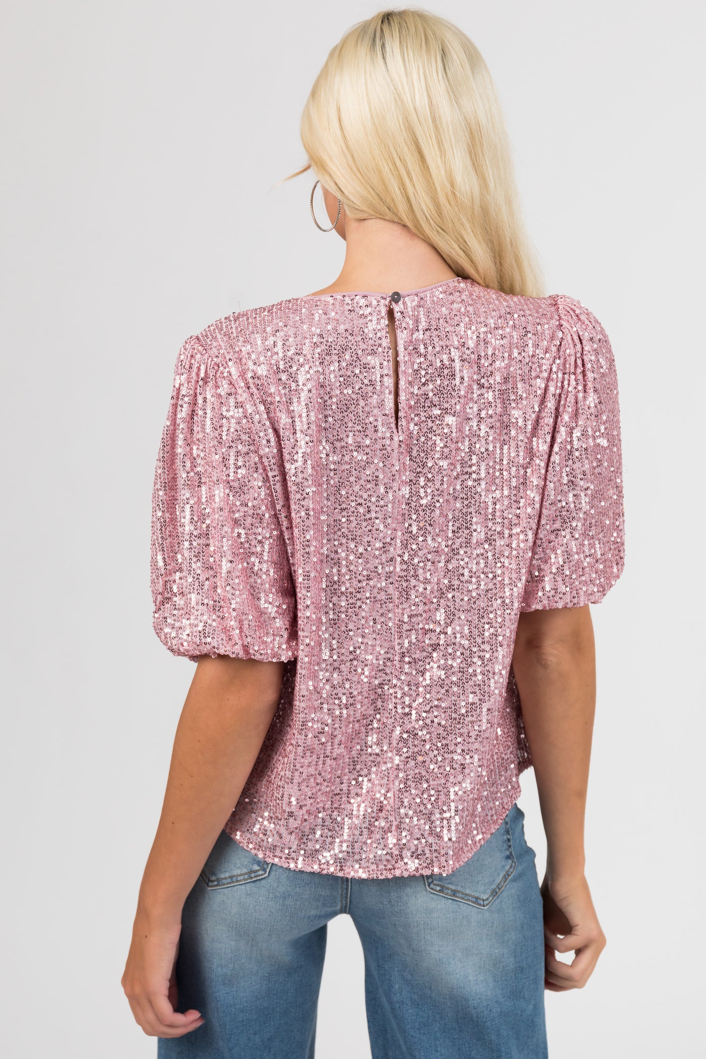 Mauve Sequined Half Puff Sleeve Top