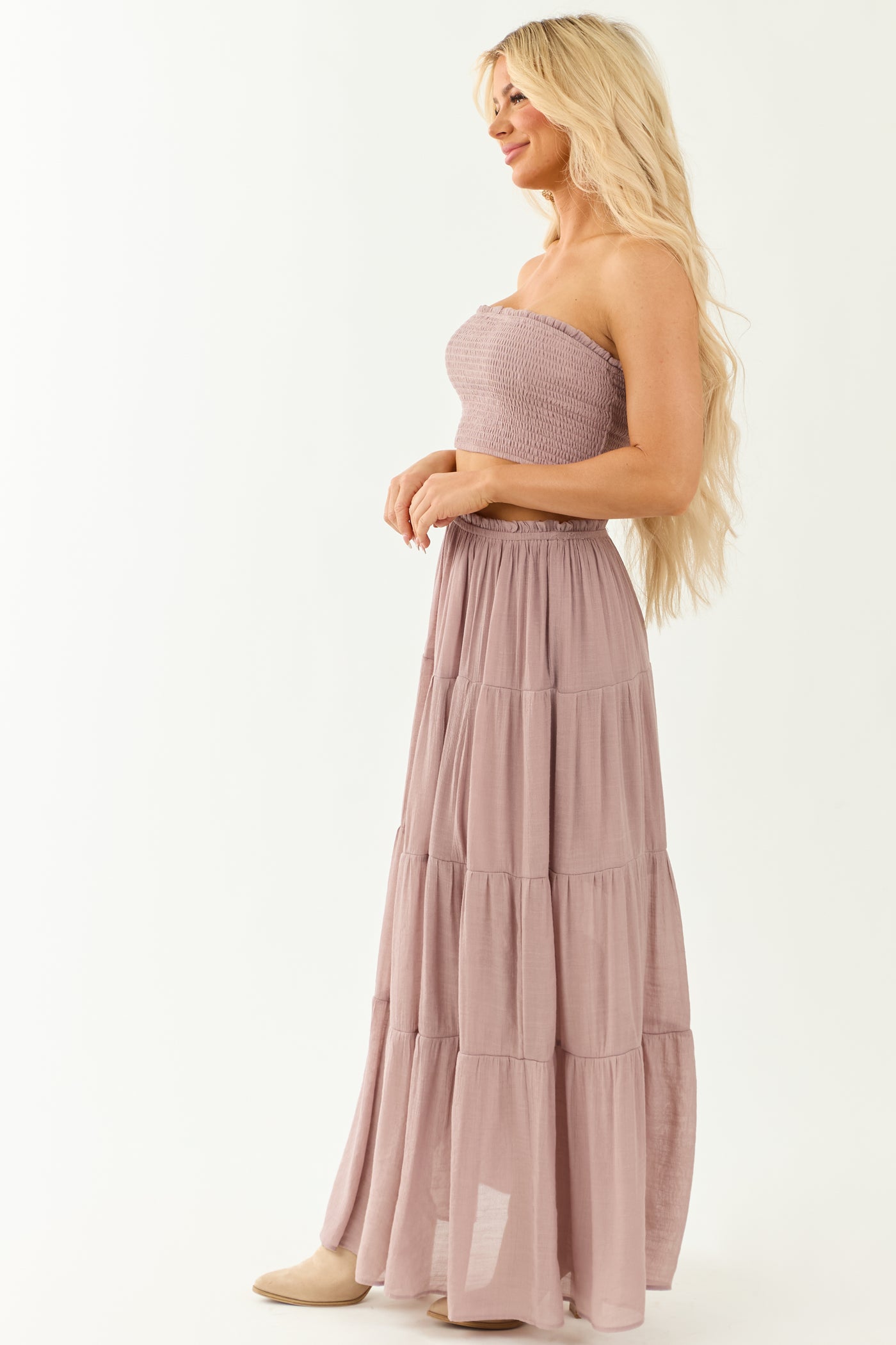 Mauve Smocked Bandeau and Tiered Skirt Set