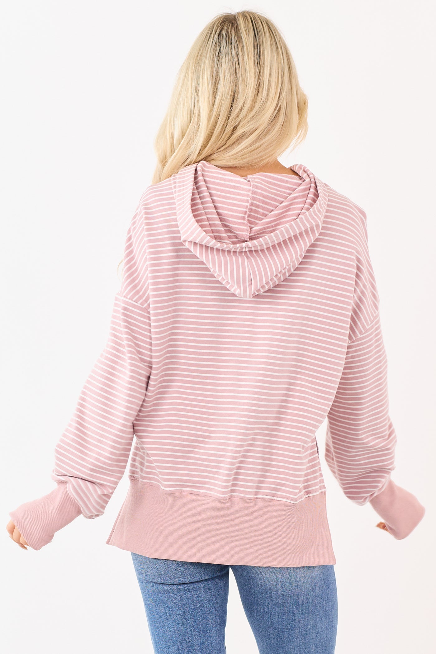 Mauve Striped Ribbed Trim Side Slit Relaxed Hoodie