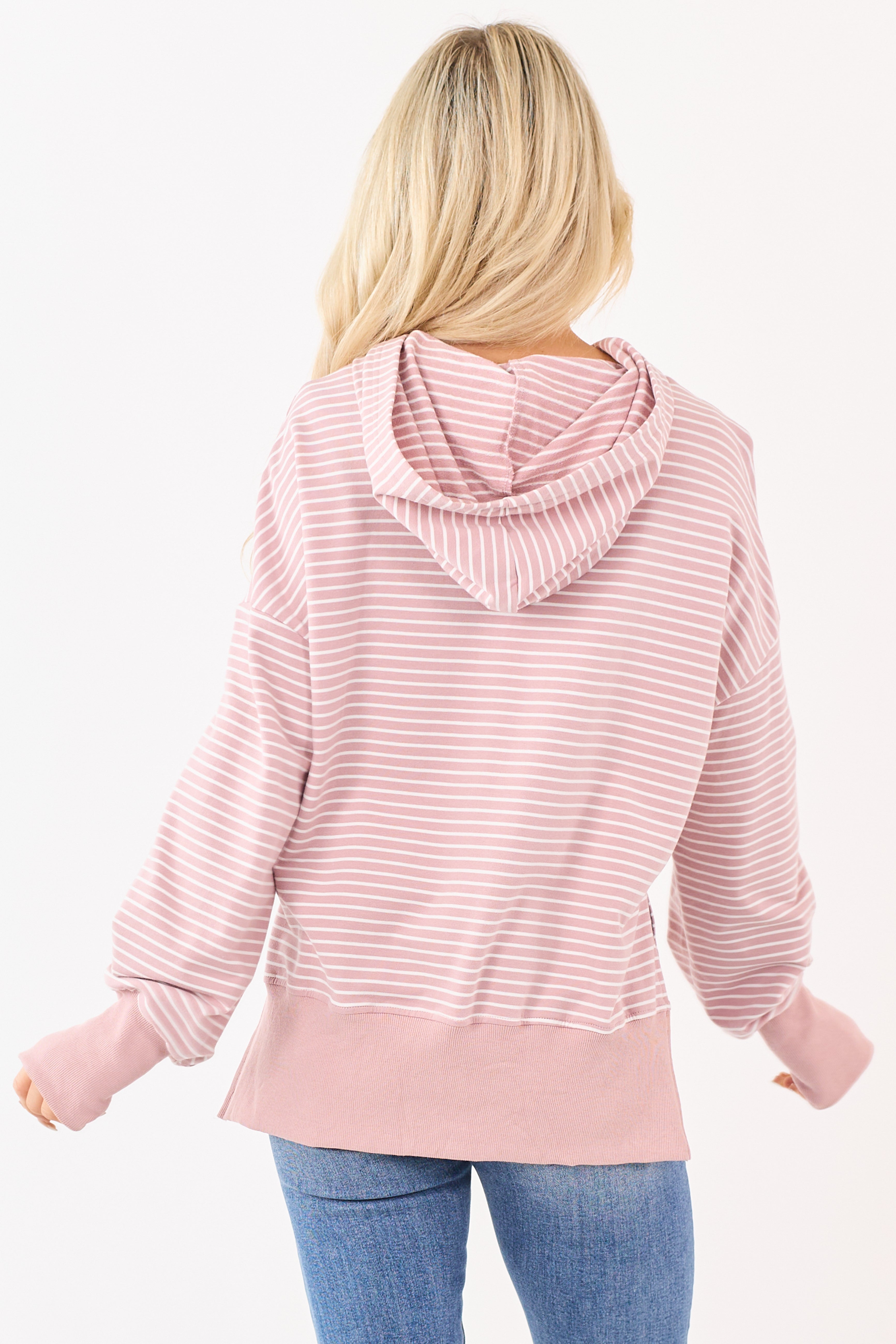 Mauve Striped Ribbed Trim Side Slit Relaxed Hoodie