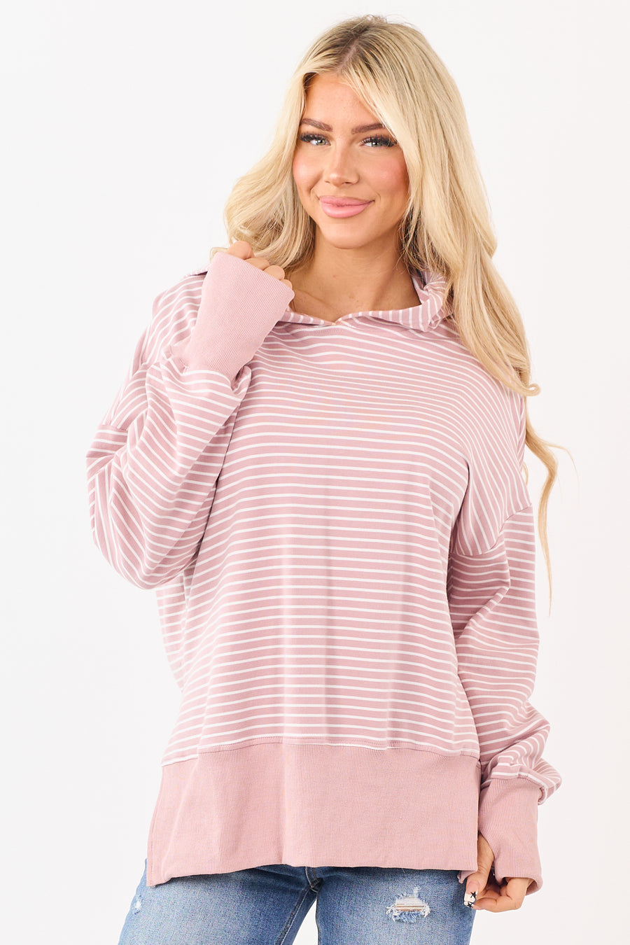Mauve Striped Ribbed Trim Side Slit Relaxed Hoodie