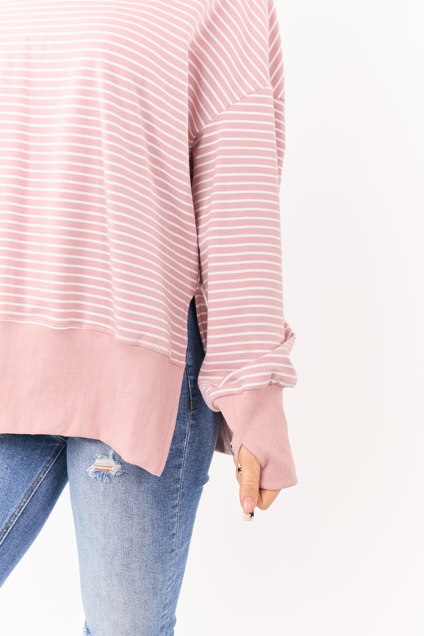 Mauve Striped Ribbed Trim Side Slit Relaxed Hoodie