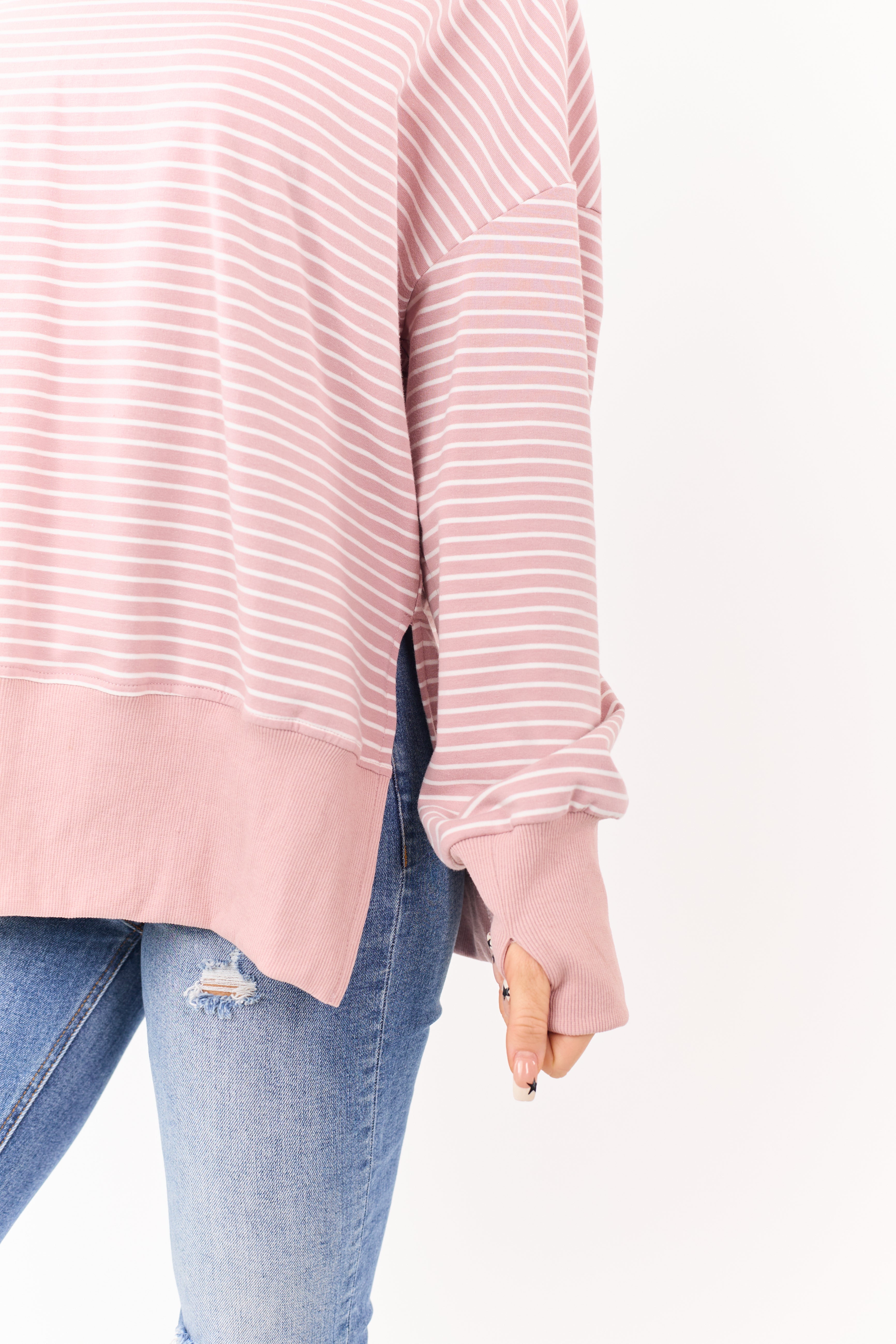 Mauve Striped Ribbed Trim Side Slit Relaxed Hoodie