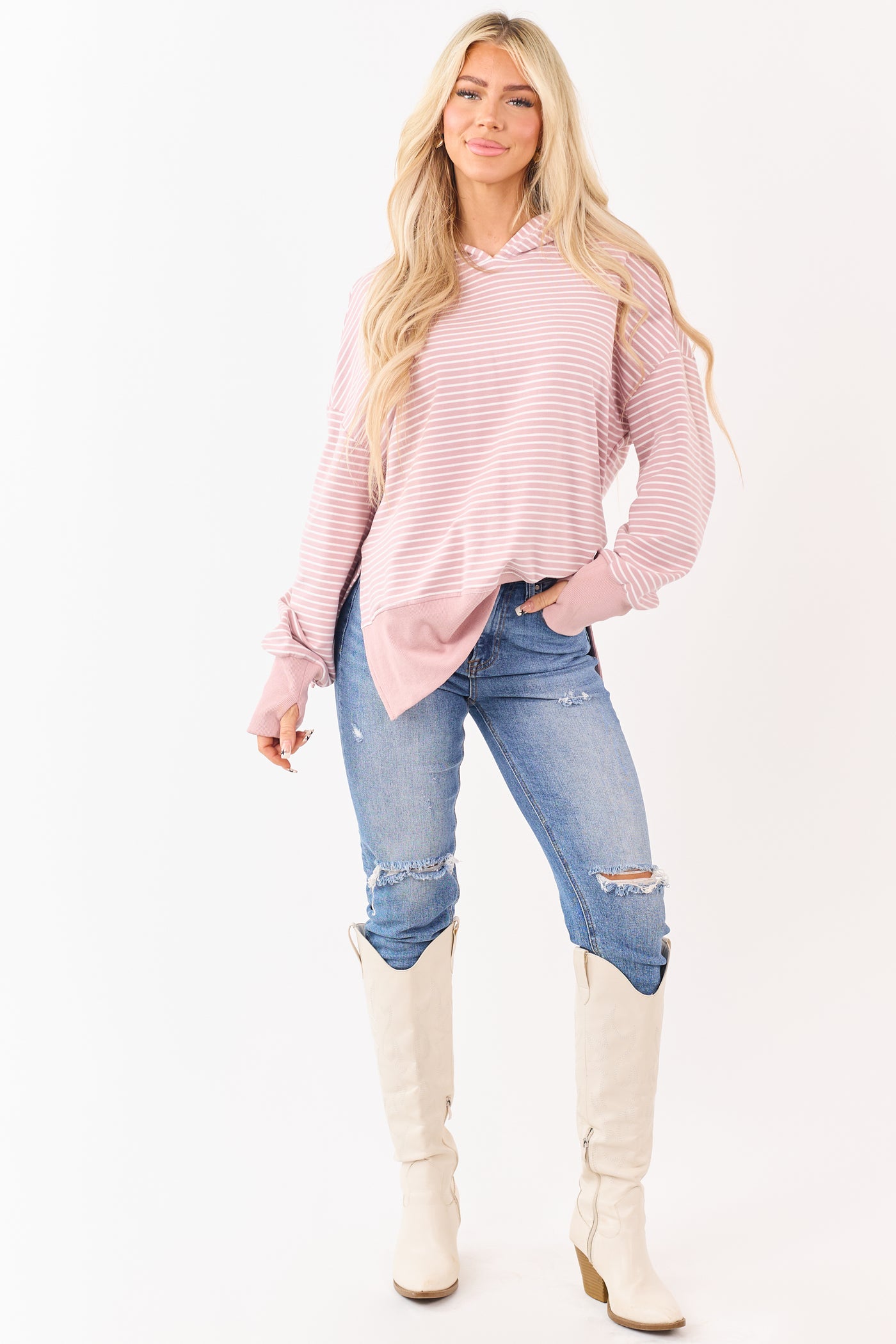 Mauve Striped Ribbed Trim Side Slit Relaxed Hoodie