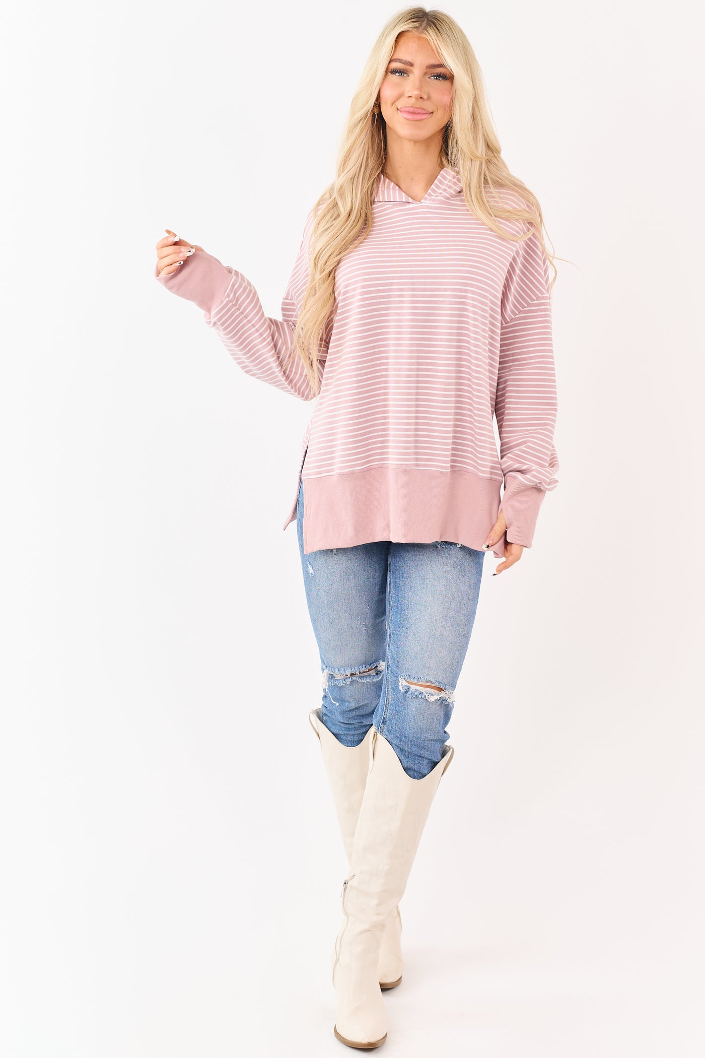 Mauve Striped Ribbed Trim Side Slit Relaxed Hoodie