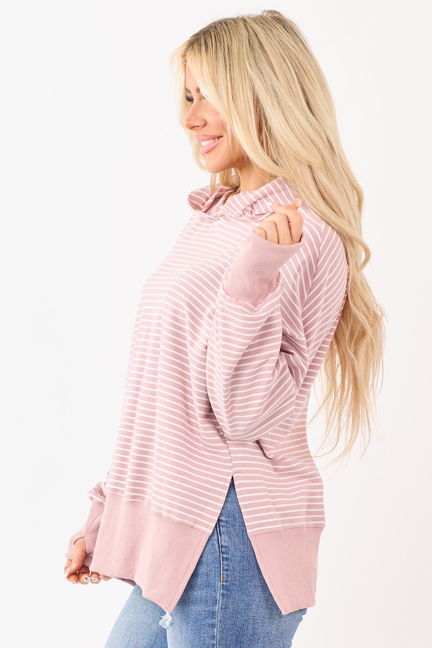 Mauve Striped Ribbed Trim Side Slit Relaxed Hoodie