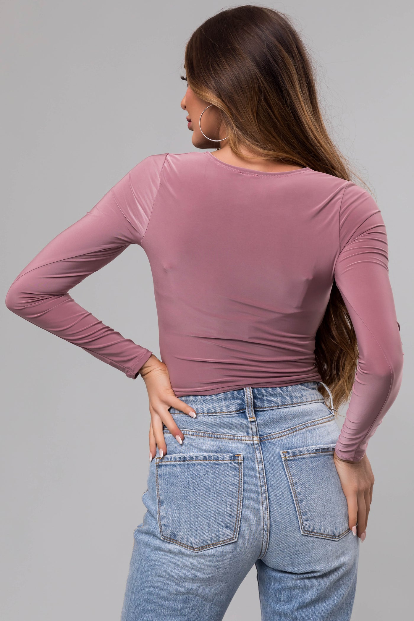 Mauve Sweetheart Neck Long Sleeve Crop Top