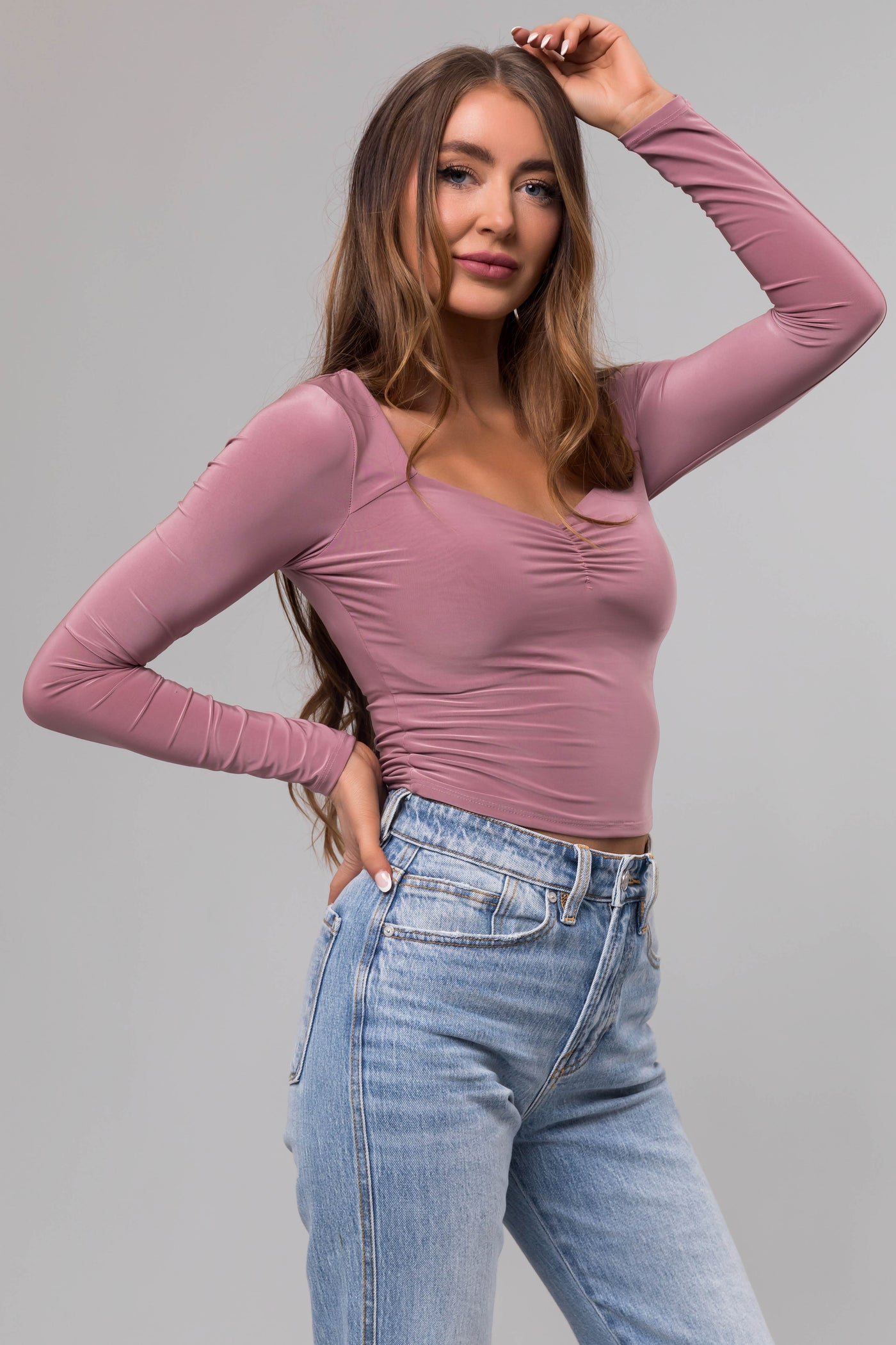 Mauve Sweetheart Neck Long Sleeve Crop Top