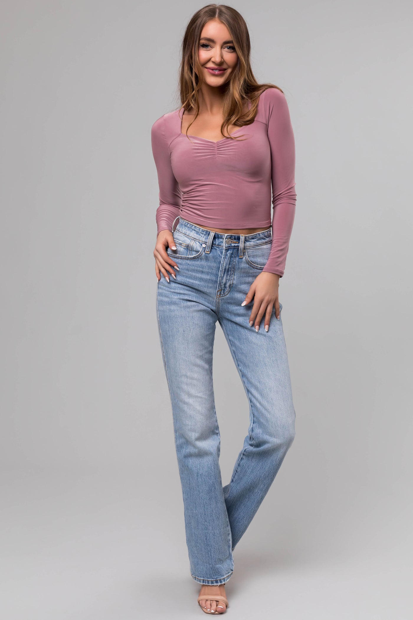 Mauve Sweetheart Neck Long Sleeve Crop Top