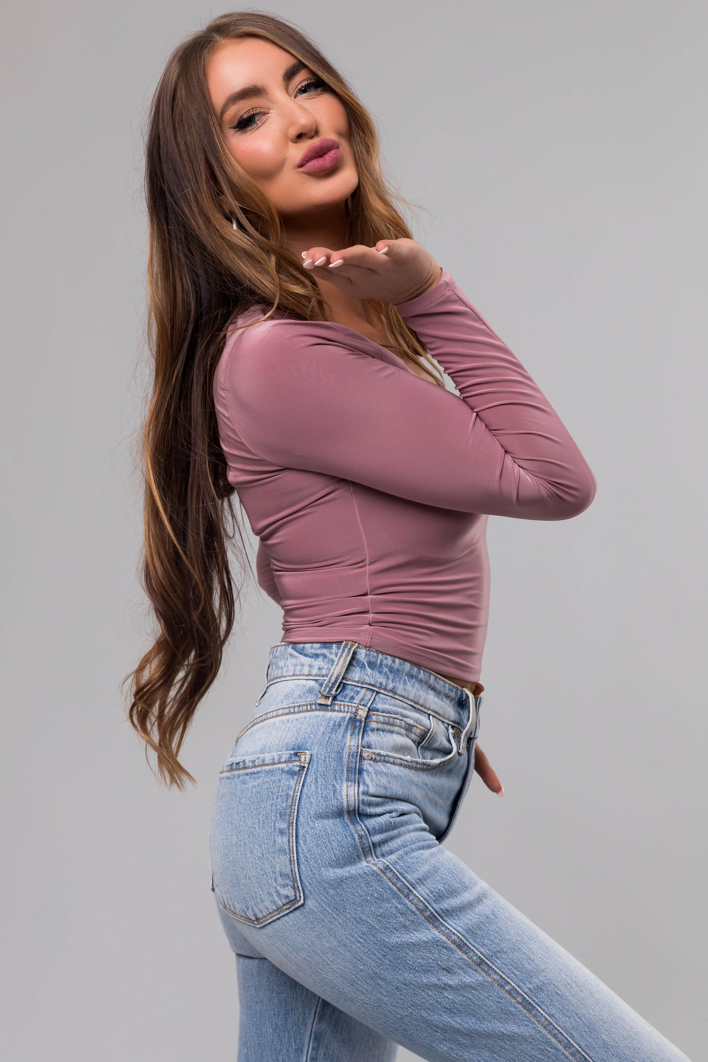 Mauve Sweetheart Neck Long Sleeve Crop Top