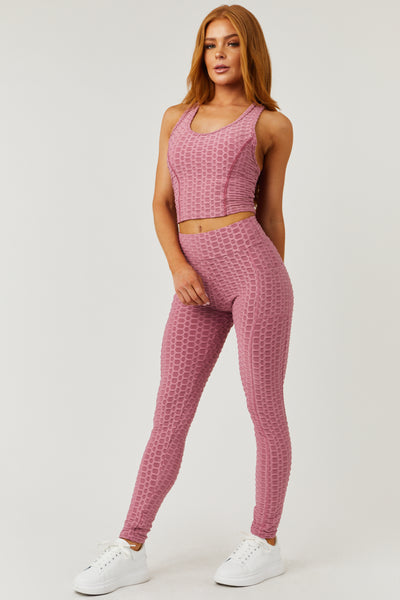 Mauve Textured Racerback Crop Top and Leggings Set