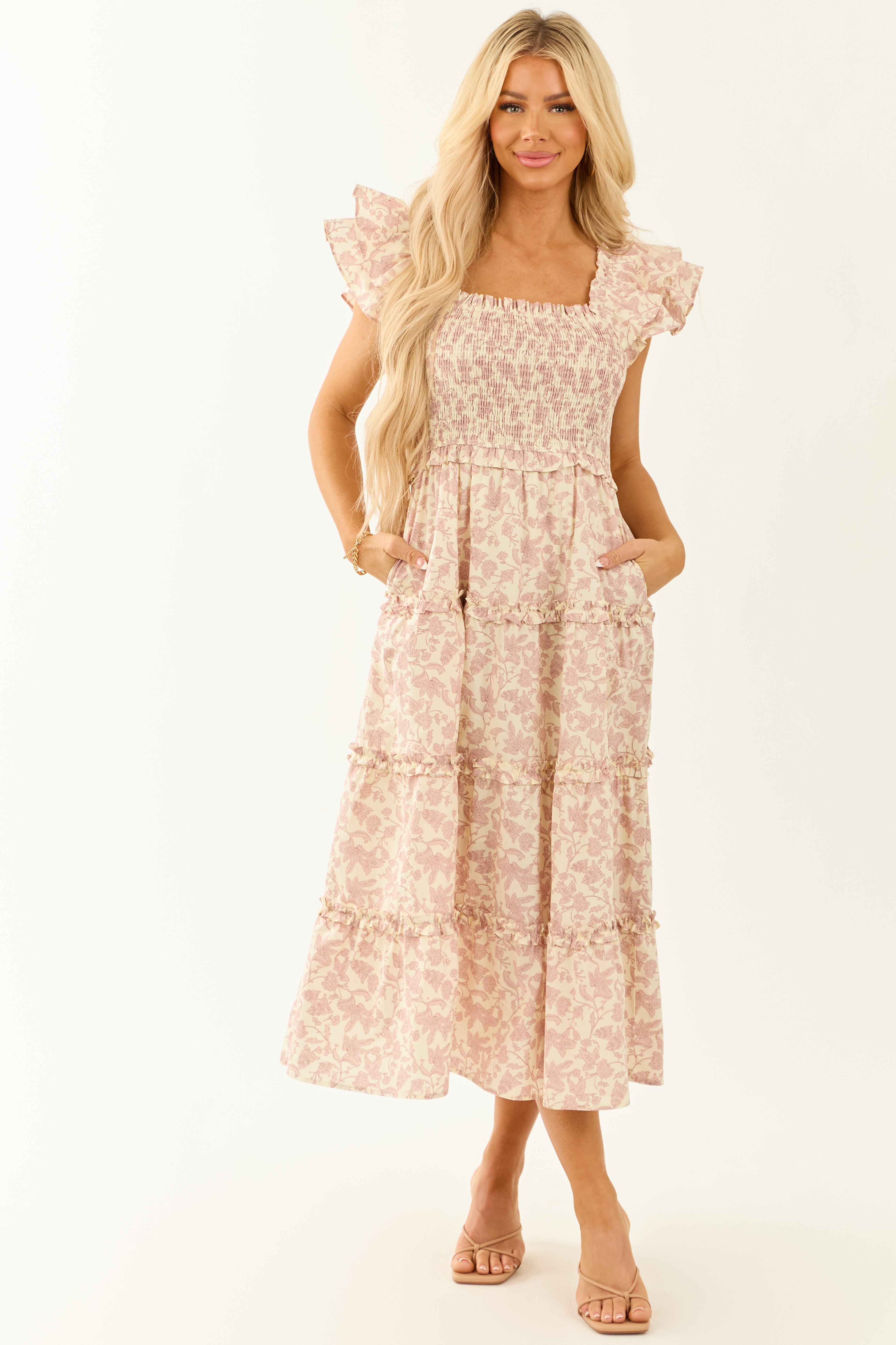 Mauve and Cream Floral Print Smocked Midi Dress - S Mauve and Cream Floral Print Smocked Midi Dress - S