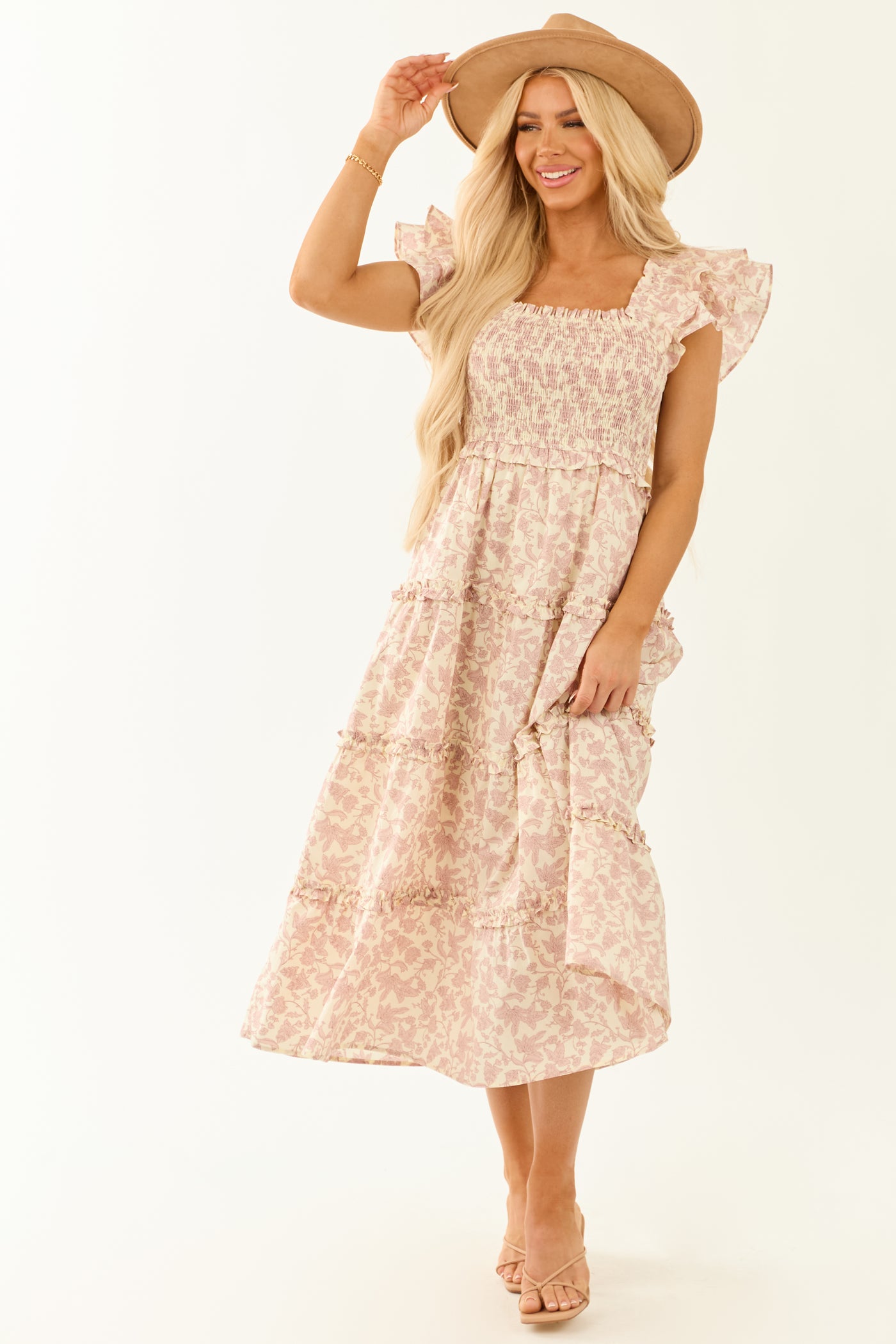 Mauve and Cream Floral Print Smocked Midi Dress | Lime Lush Boutique Mauve and Cream Floral Print Smocked Midi Dress | Lime Lush Boutique