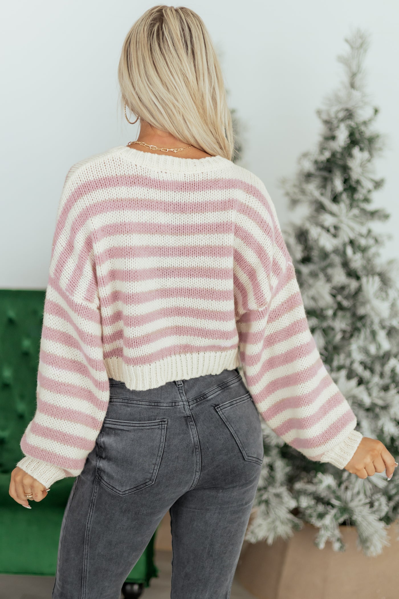 Mauve and Ivory Striped Cropped Boxy Sweater