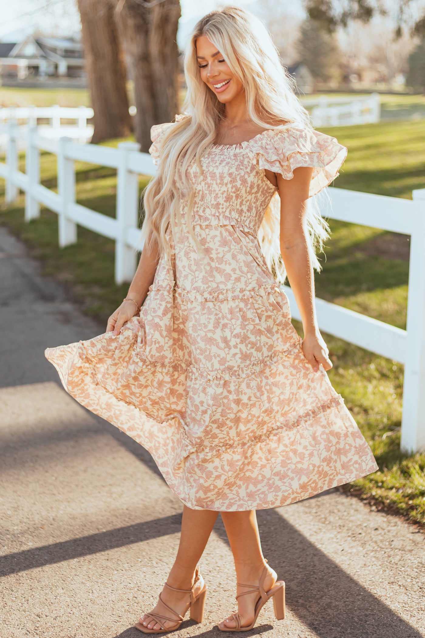 Mauve and Cream Floral Print Smocked Midi Dress - S Mauve and Cream Floral Print Smocked Midi Dress - S