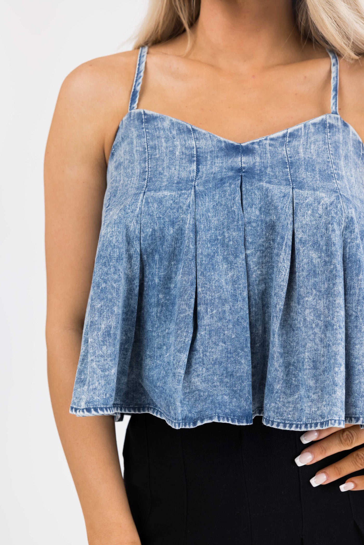 Medium Acid Wash Denim Sleeveless Crop Top