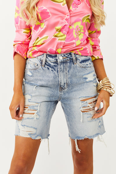 Medium Acid Wash Distressed Bermuda Denim Shorts