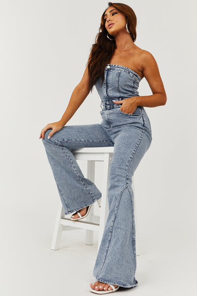 Casual Fashion Ripped Zip Strapless Women'S Tight Fitting Denim Jumpsuit -  The Little Connection