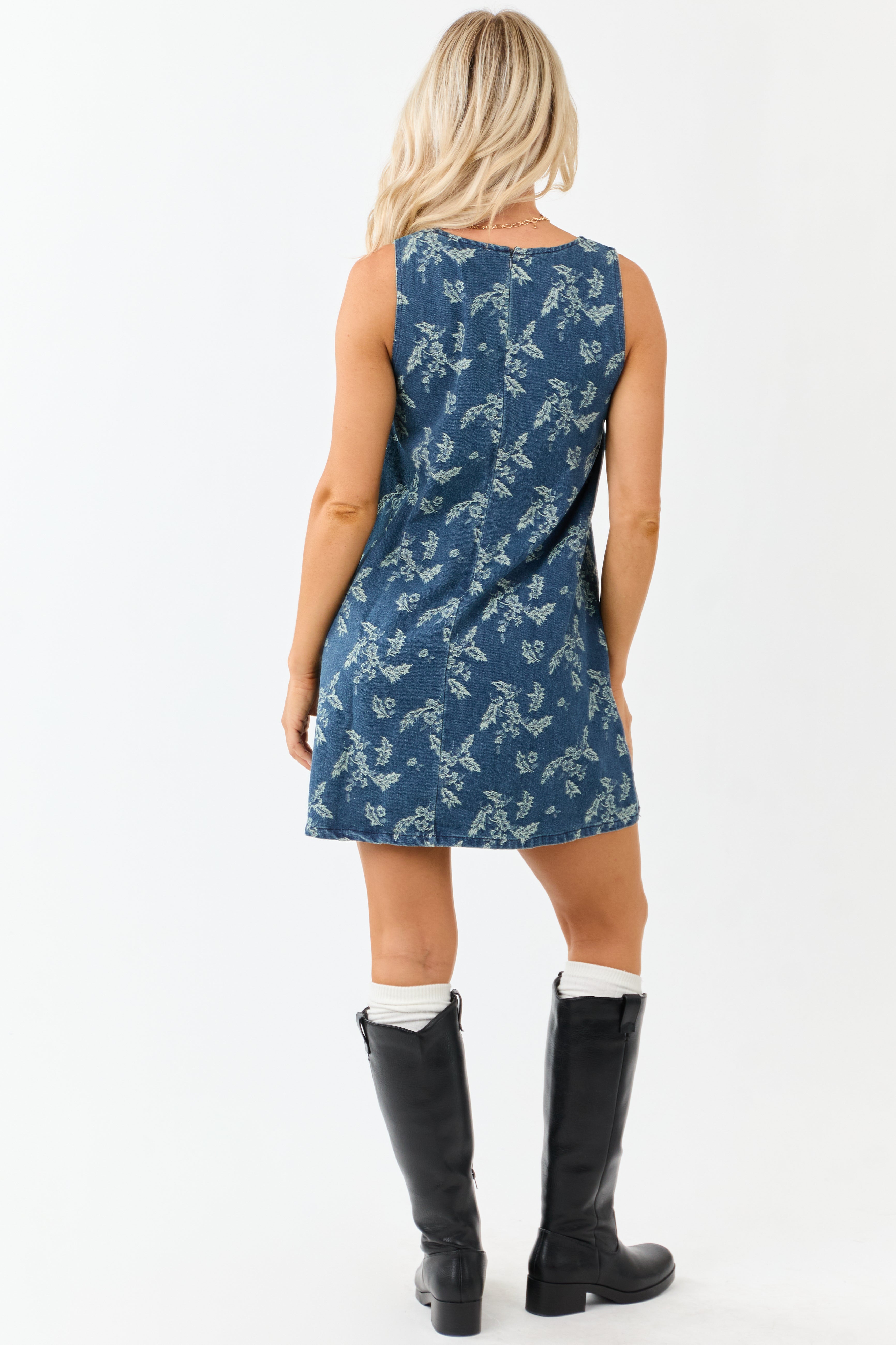 Medium Antique Wash Denim Floral Jacquard Mini Dress