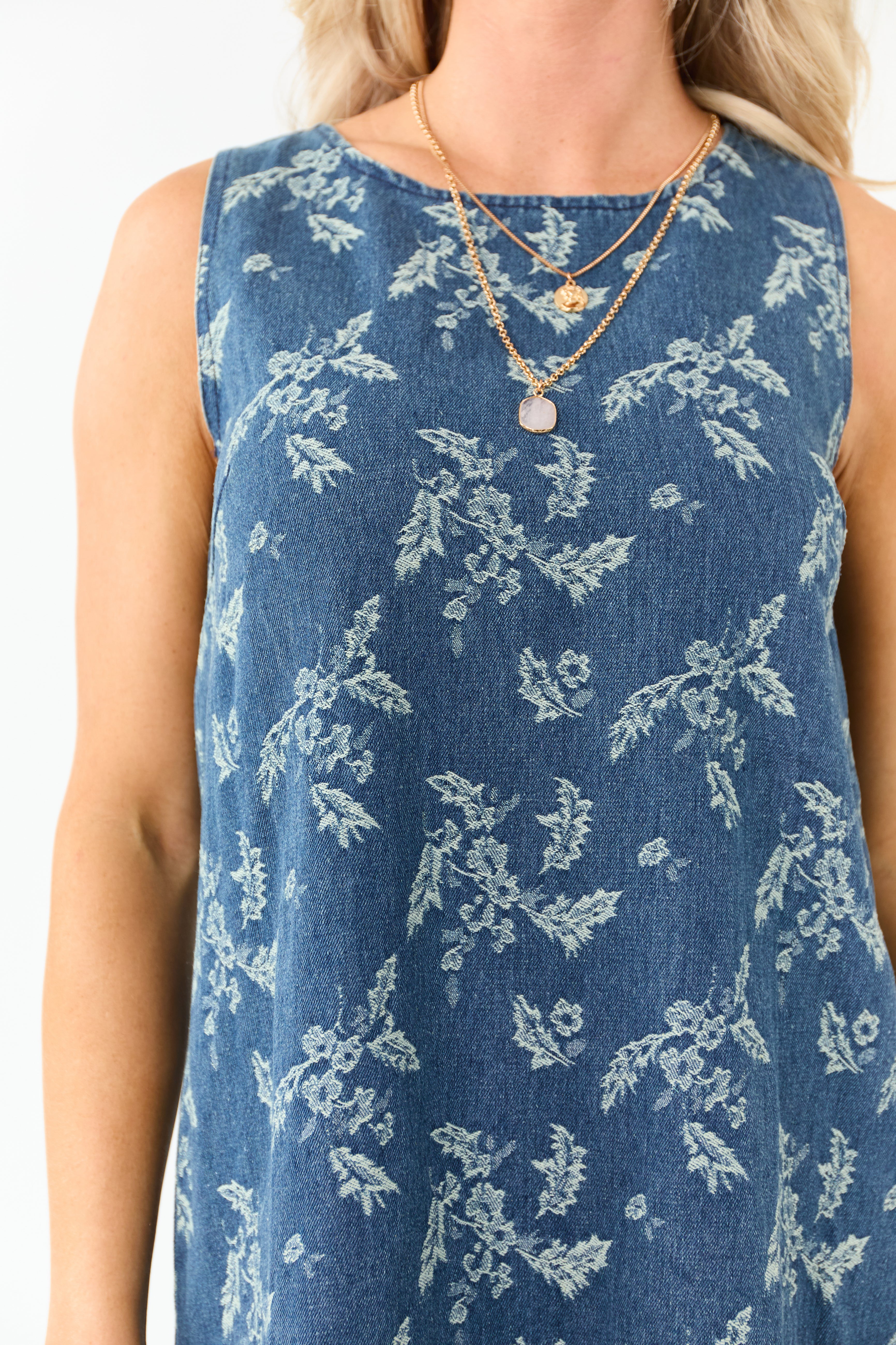 Medium Antique Wash Denim Floral Jacquard Mini Dress