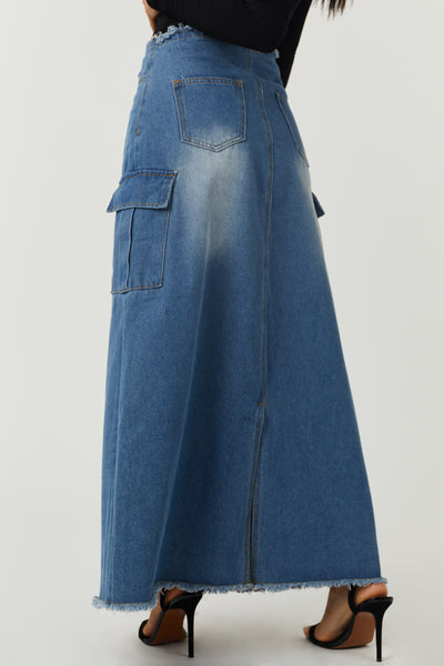 Medium Denim Cargo Pocket Frayed Maxi Skirt