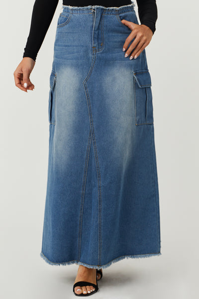 Medium Denim Cargo Pocket Frayed Maxi Skirt