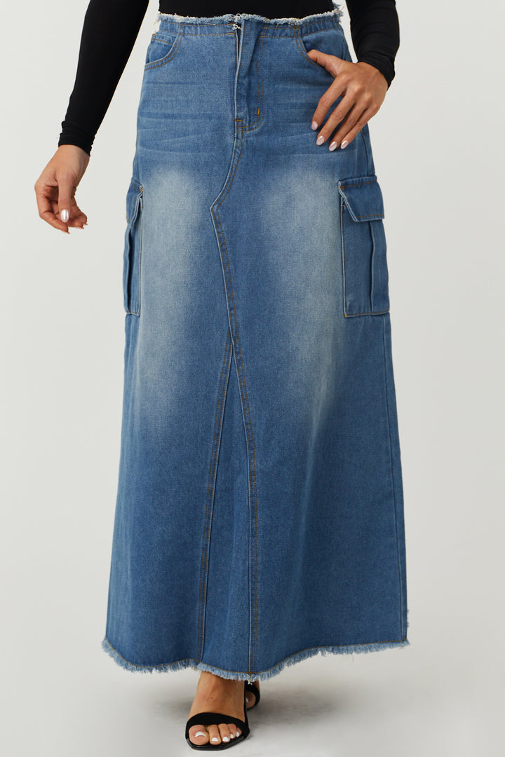 Medium Denim Cargo Pocket Frayed Maxi Skirt